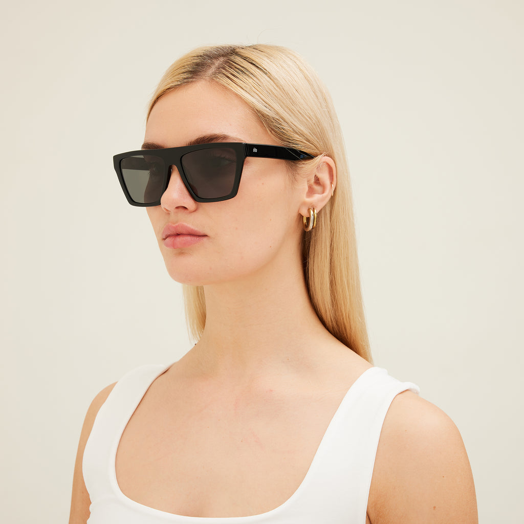 Woman wearing black sunglasses with a plain background
