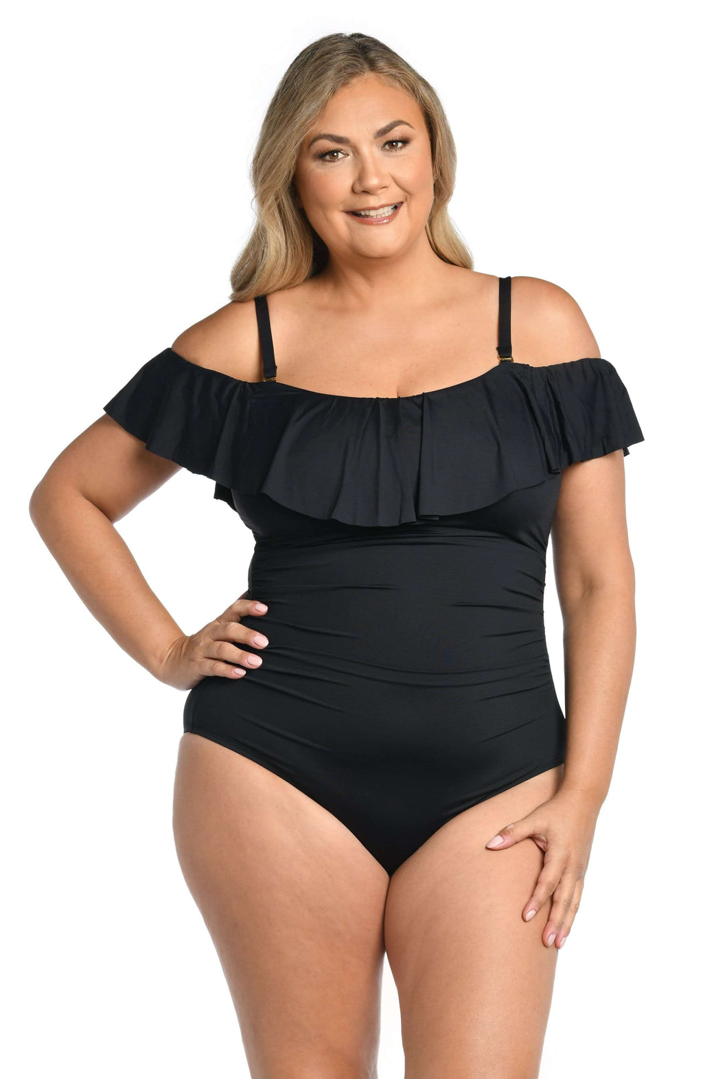 La Blanca Island Goddess Off The Shoulder Ruffle One Piece - Black