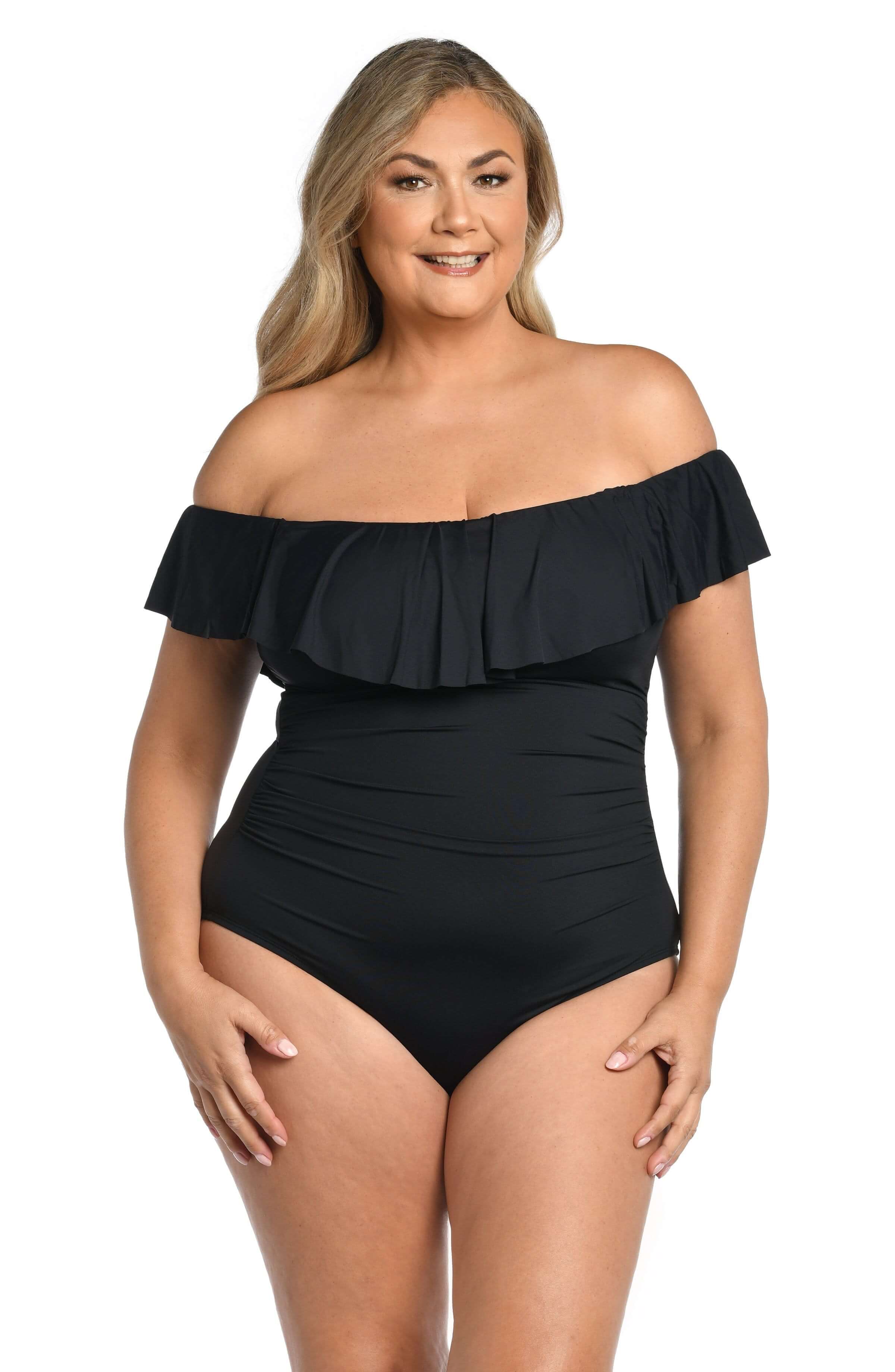 La Blanca Island Goddess Off The Shoulder Ruffle One Piece - Black