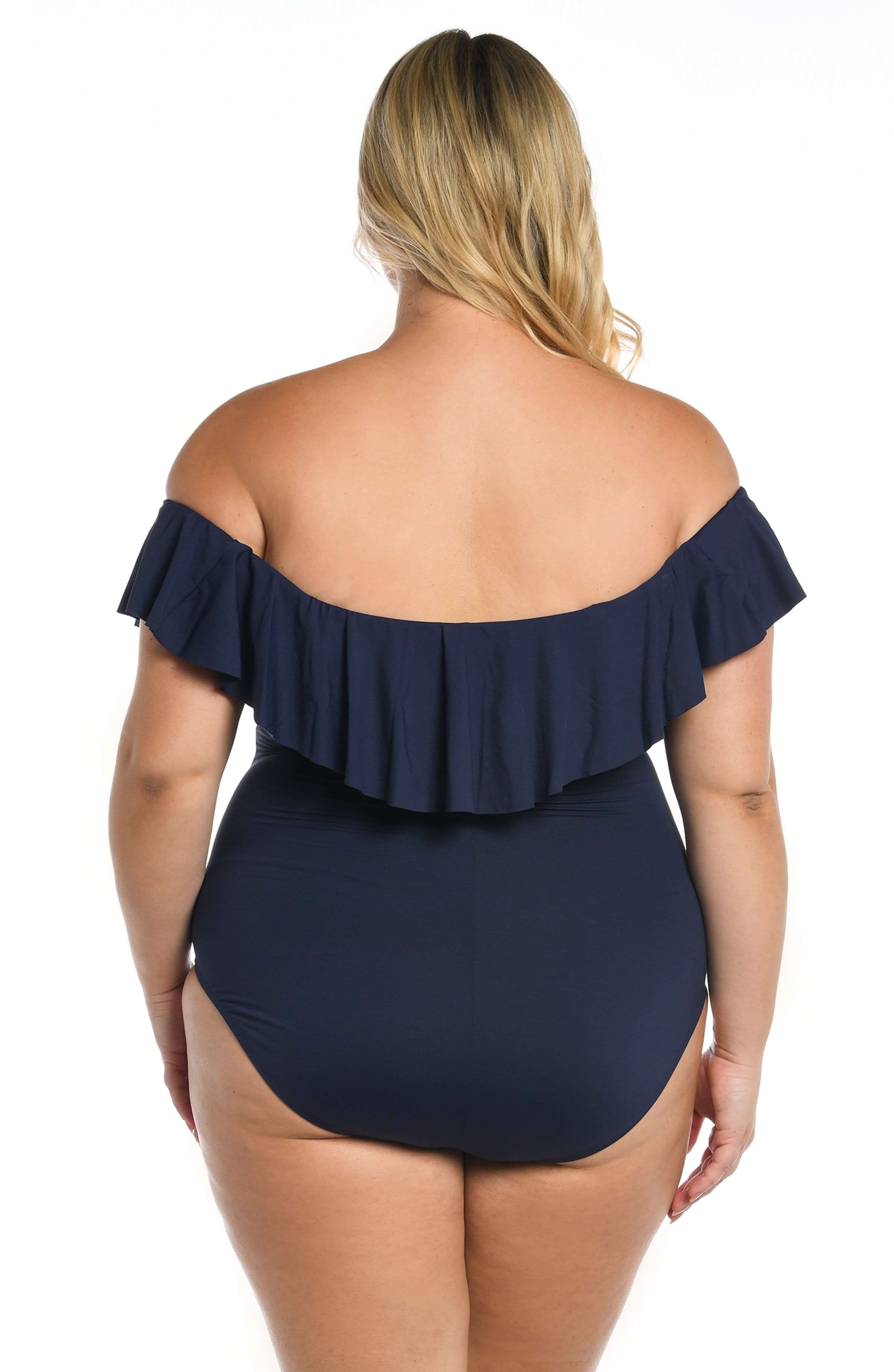 La Blanca Island Goddess Off The Shoulder Ruffle One Piece - Indigo