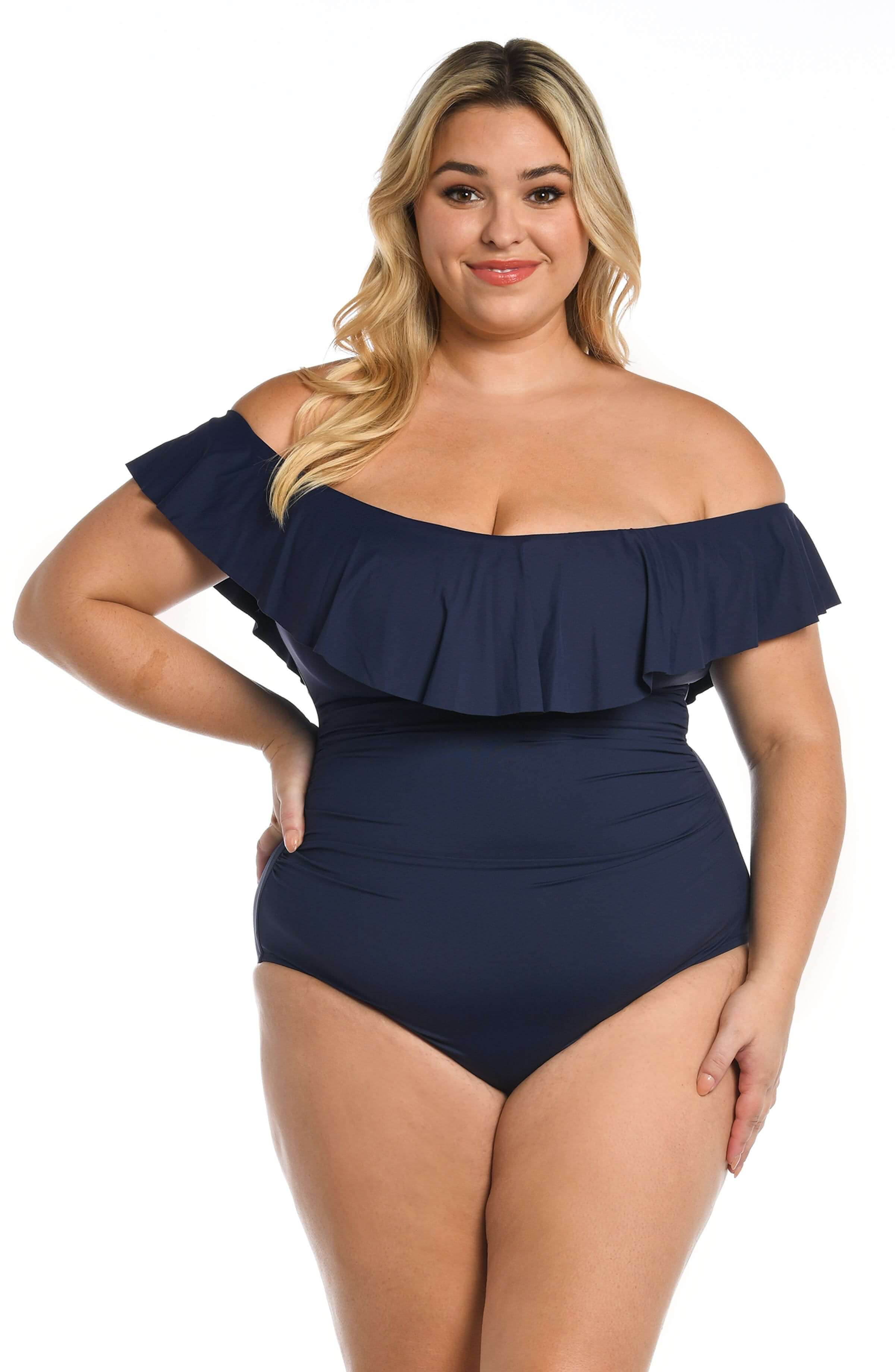 La Blanca Island Goddess Off The Shoulder Ruffle One Piece - Indigo