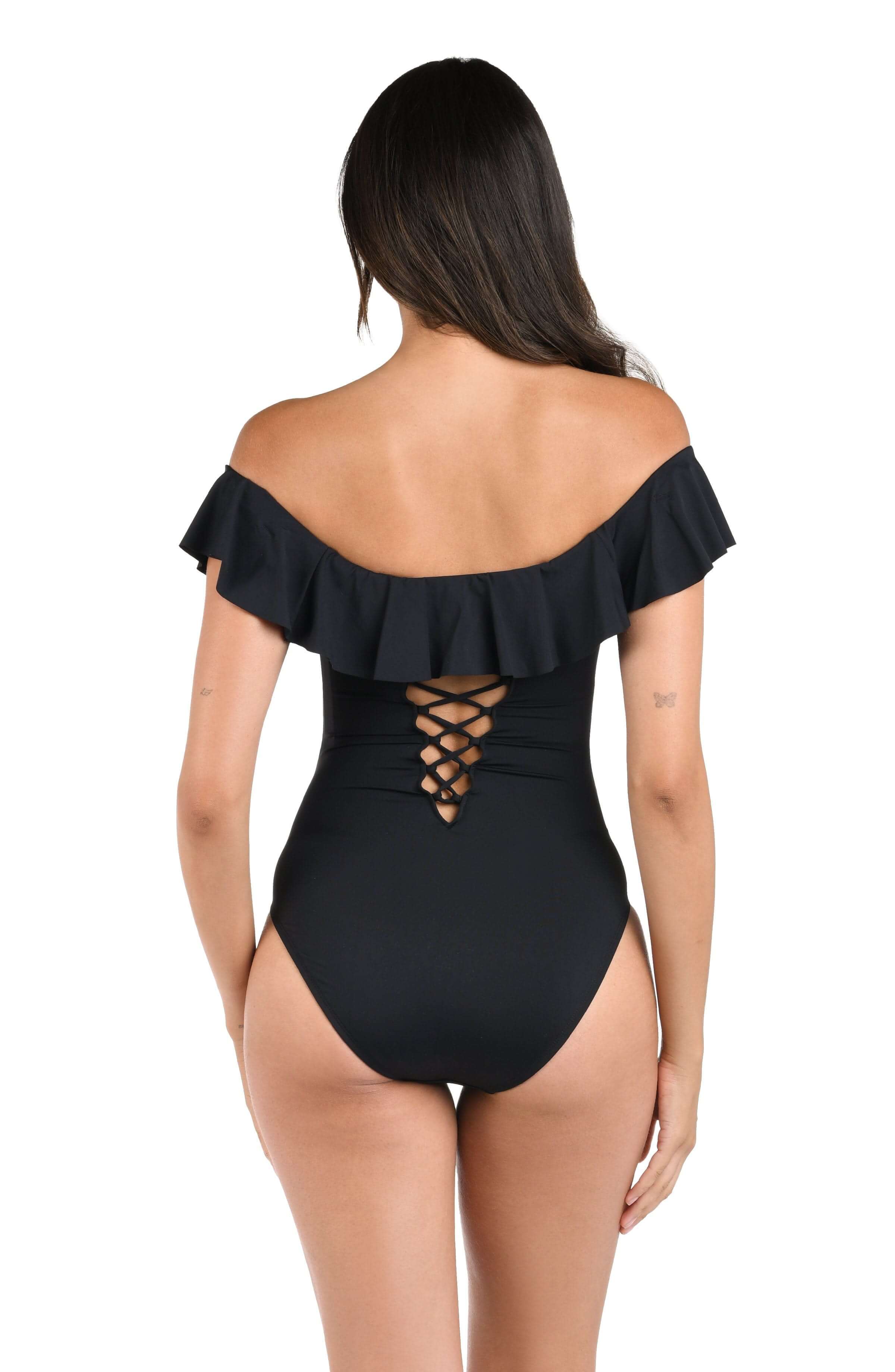 La Blanca Island Goddess Off The Shoulder Ruffle One Piece - Black