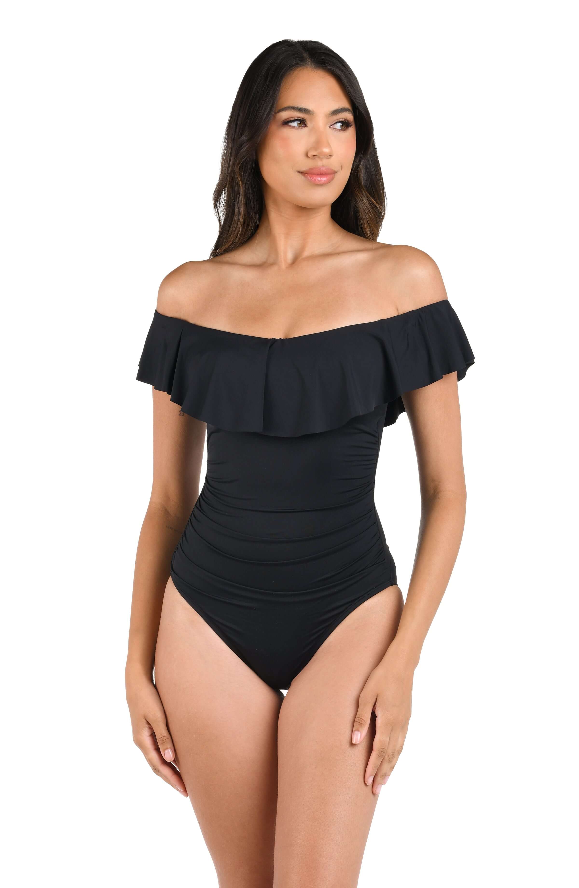 La Blanca Island Goddess Off The Shoulder Ruffle One Piece - Black