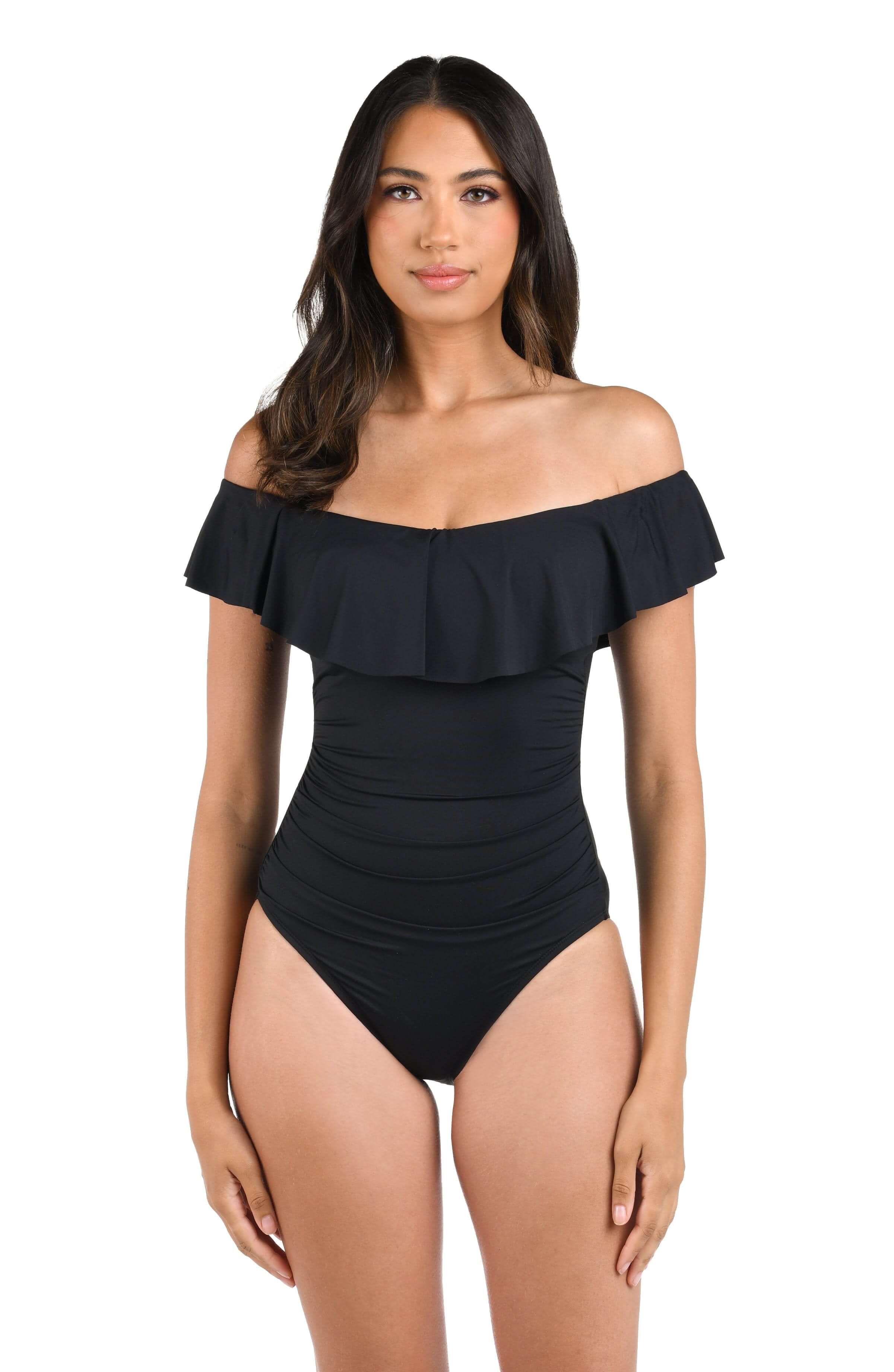 La Blanca Island Goddess Off The Shoulder Ruffle One Piece - Black