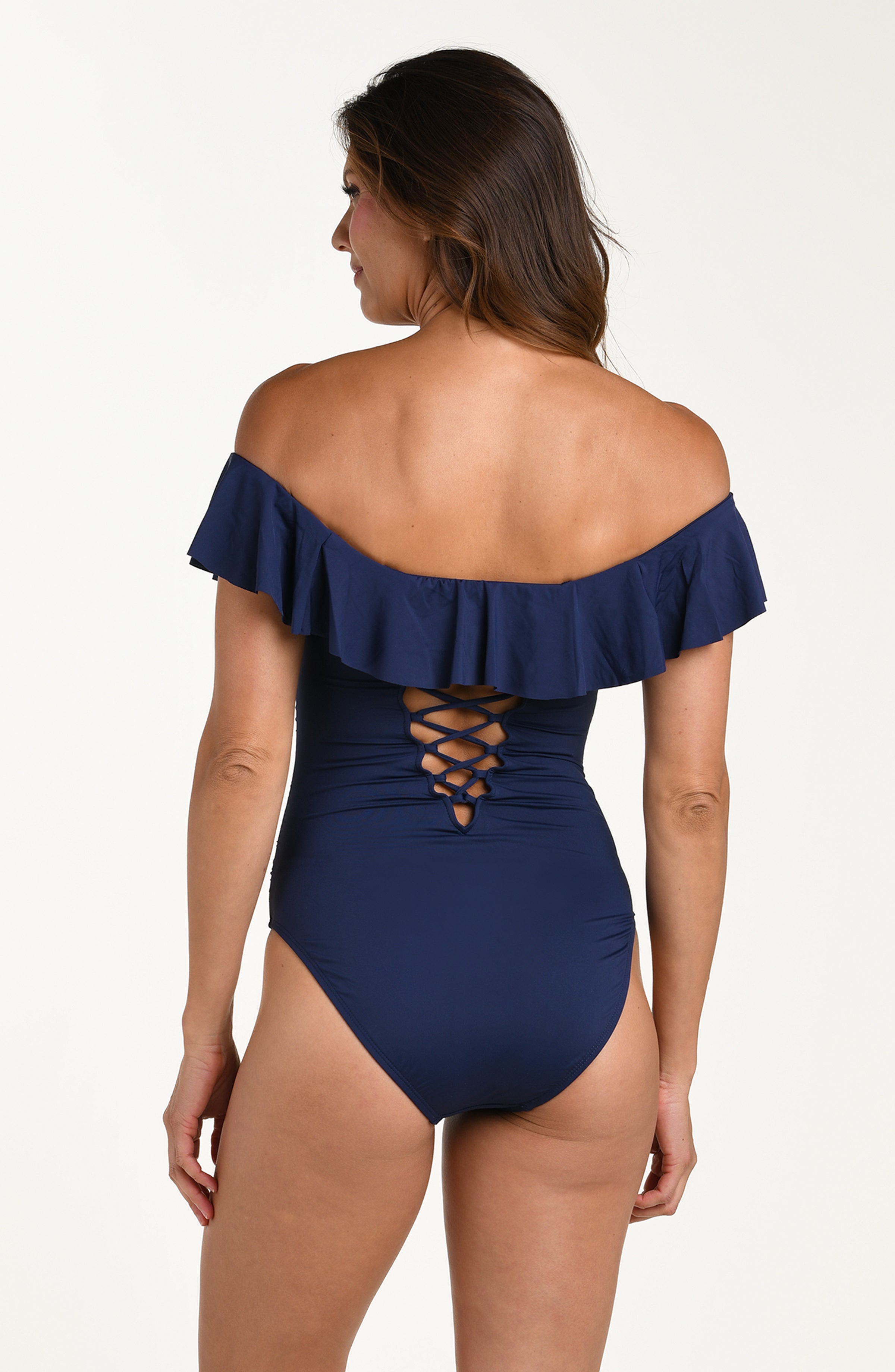 La Blanca Island Goddess Off The Shoulder Ruffle One Piece - Indigo