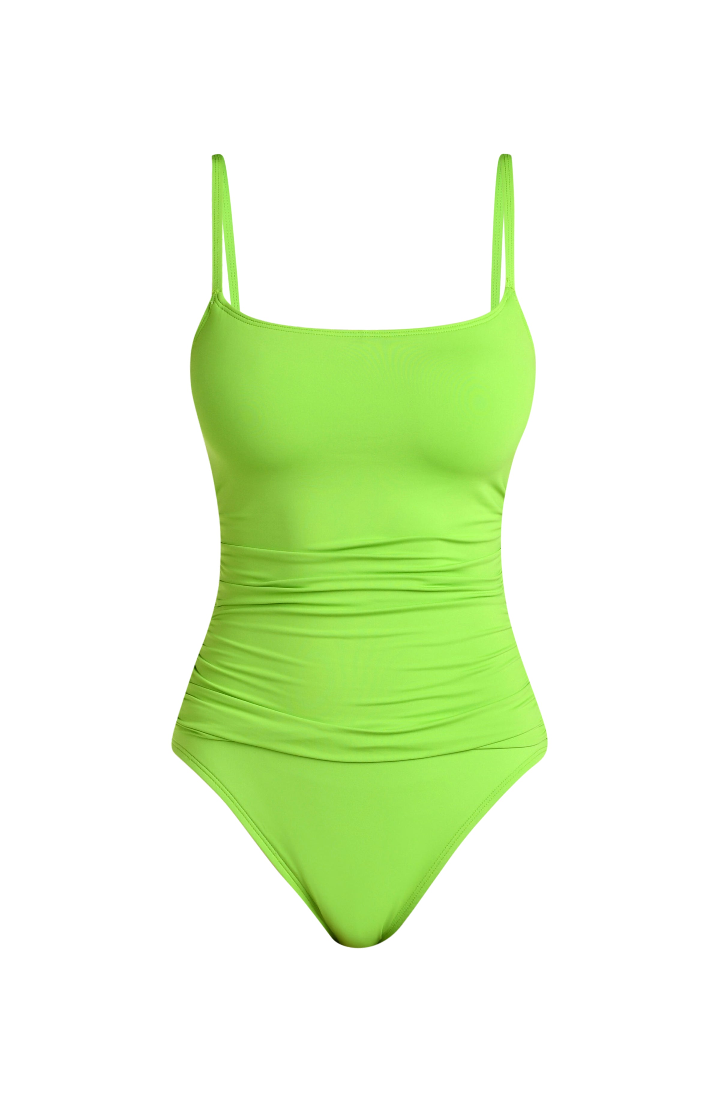 Neon green swimsuit with thin straps on a white background