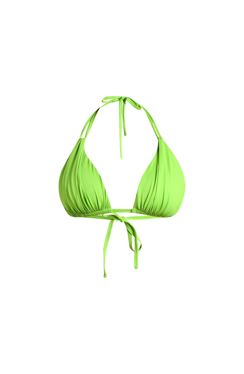 Neon green colored bikini top against a white background. 