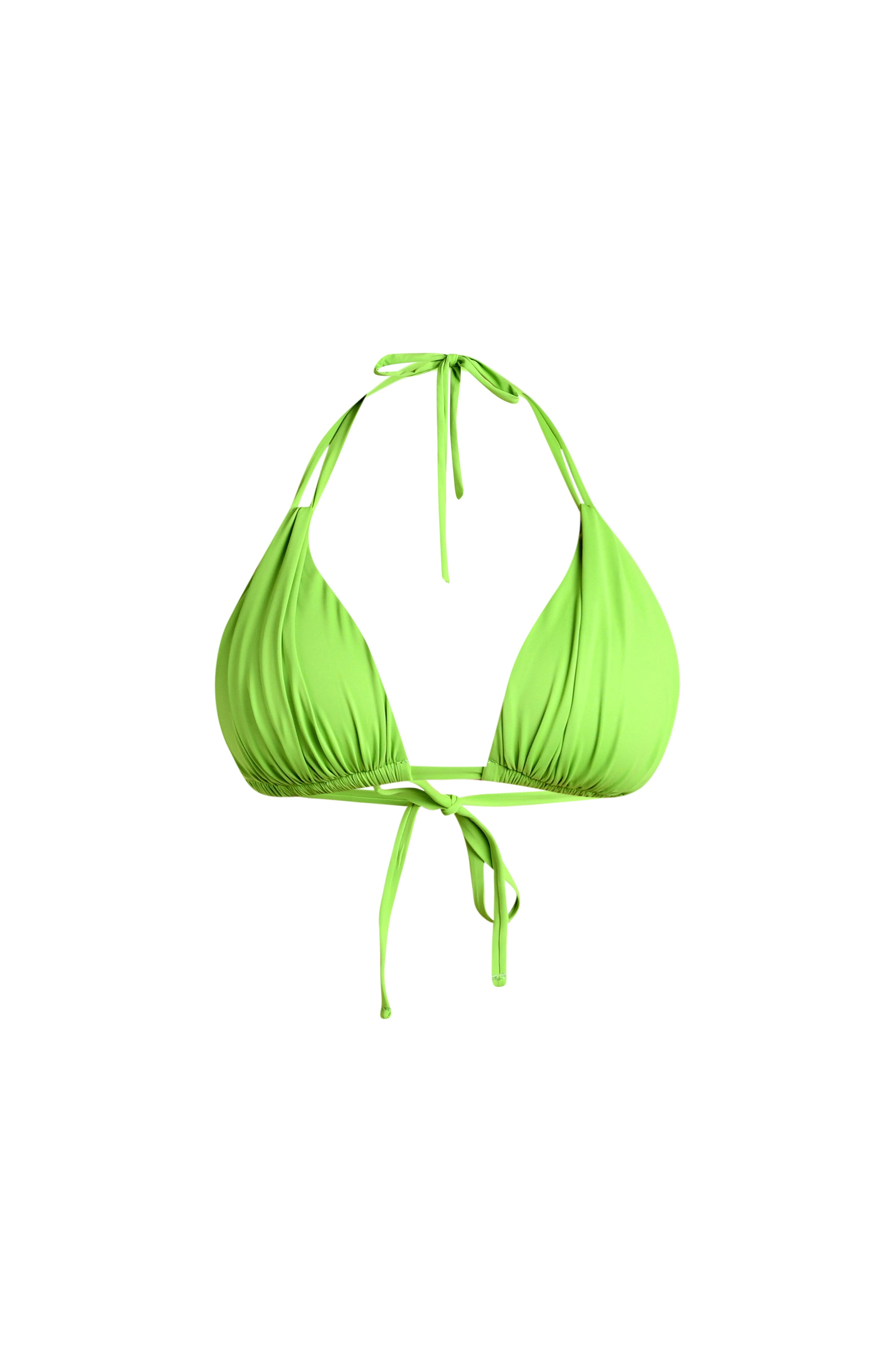 Neon green colored bikini top against a white background. 