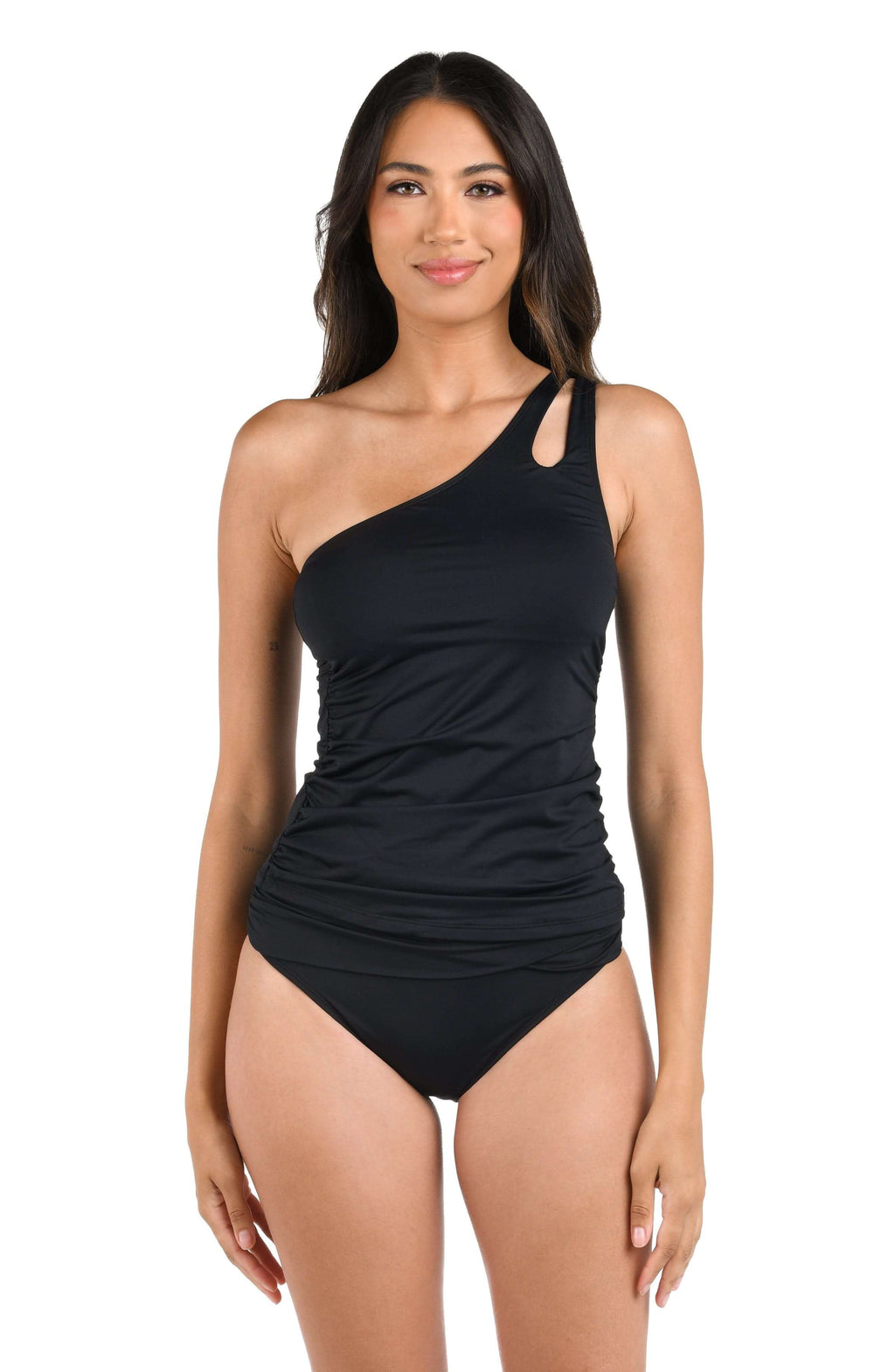 La Blanca Island Goddess Keyhole One Shoulder Tankini Top - Black