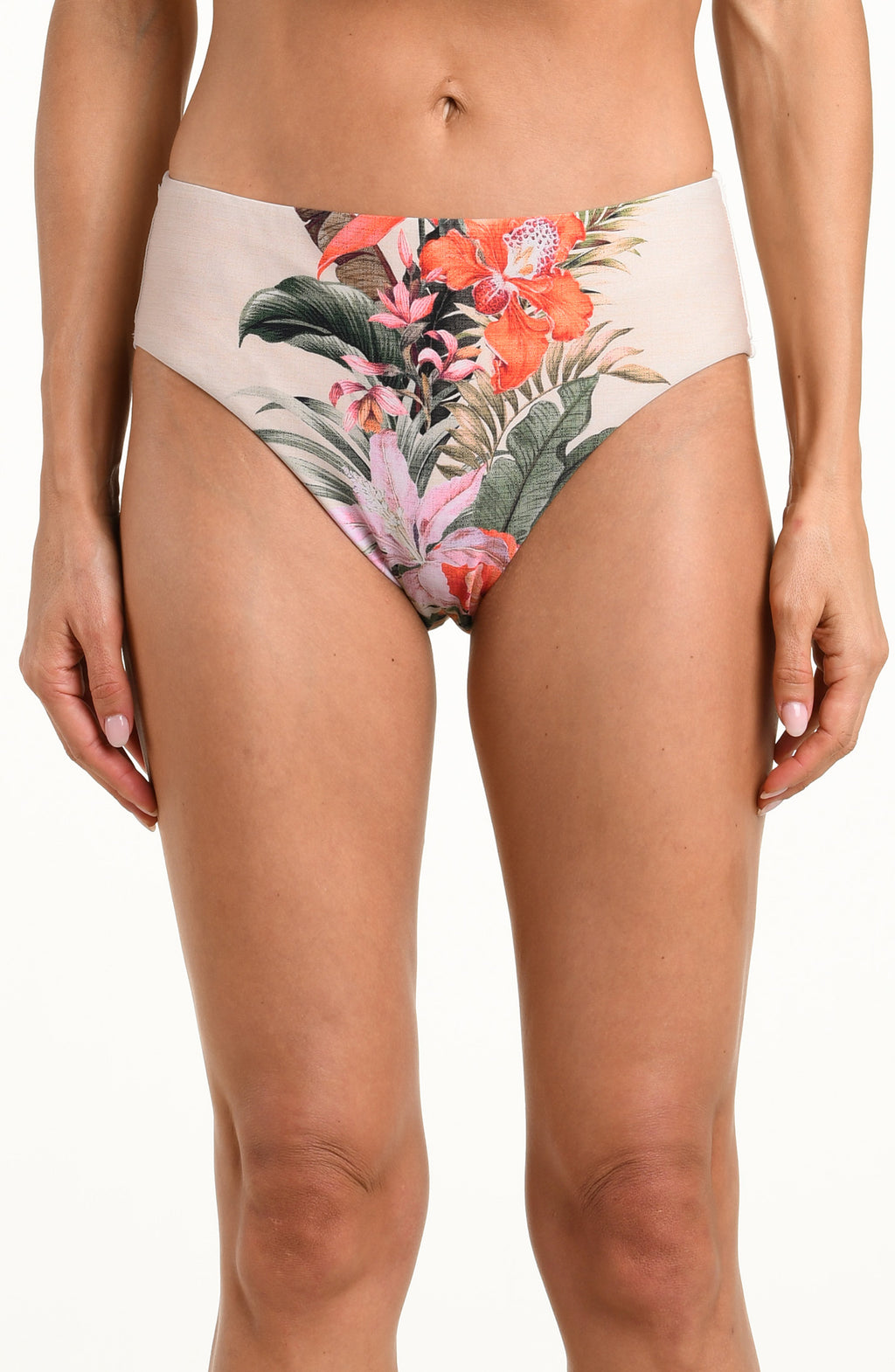 Woman wearing a multicolored white high waisted bikini bottom against a white background. 