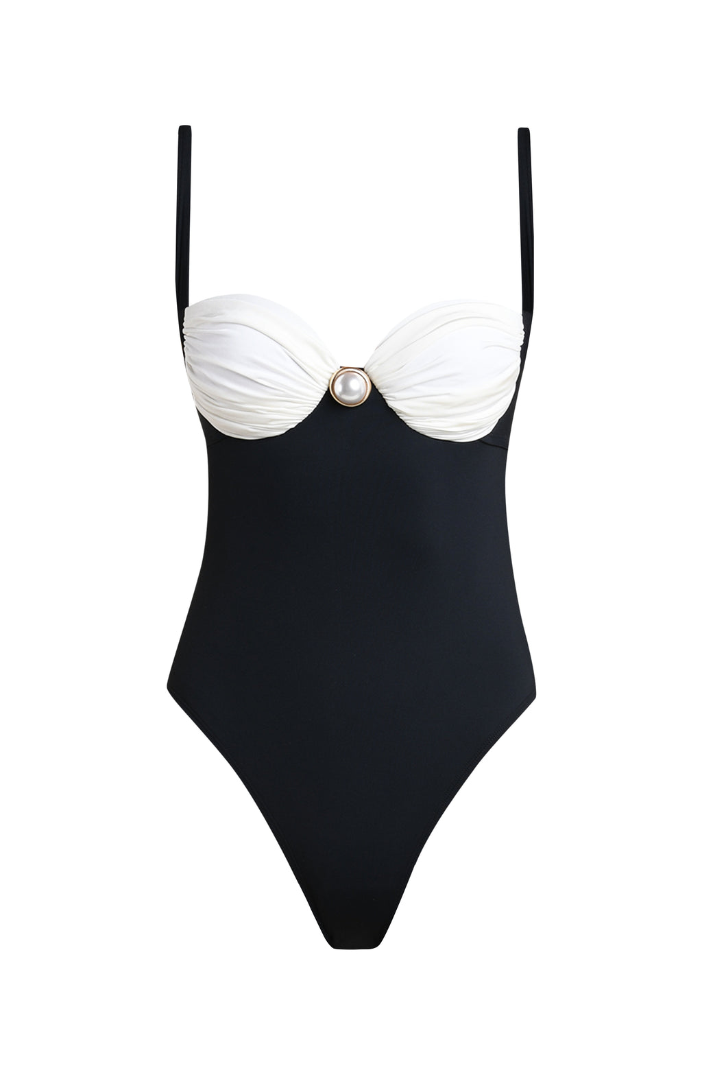 A floating image of a two-toned one piece swimsuit against a white background. 