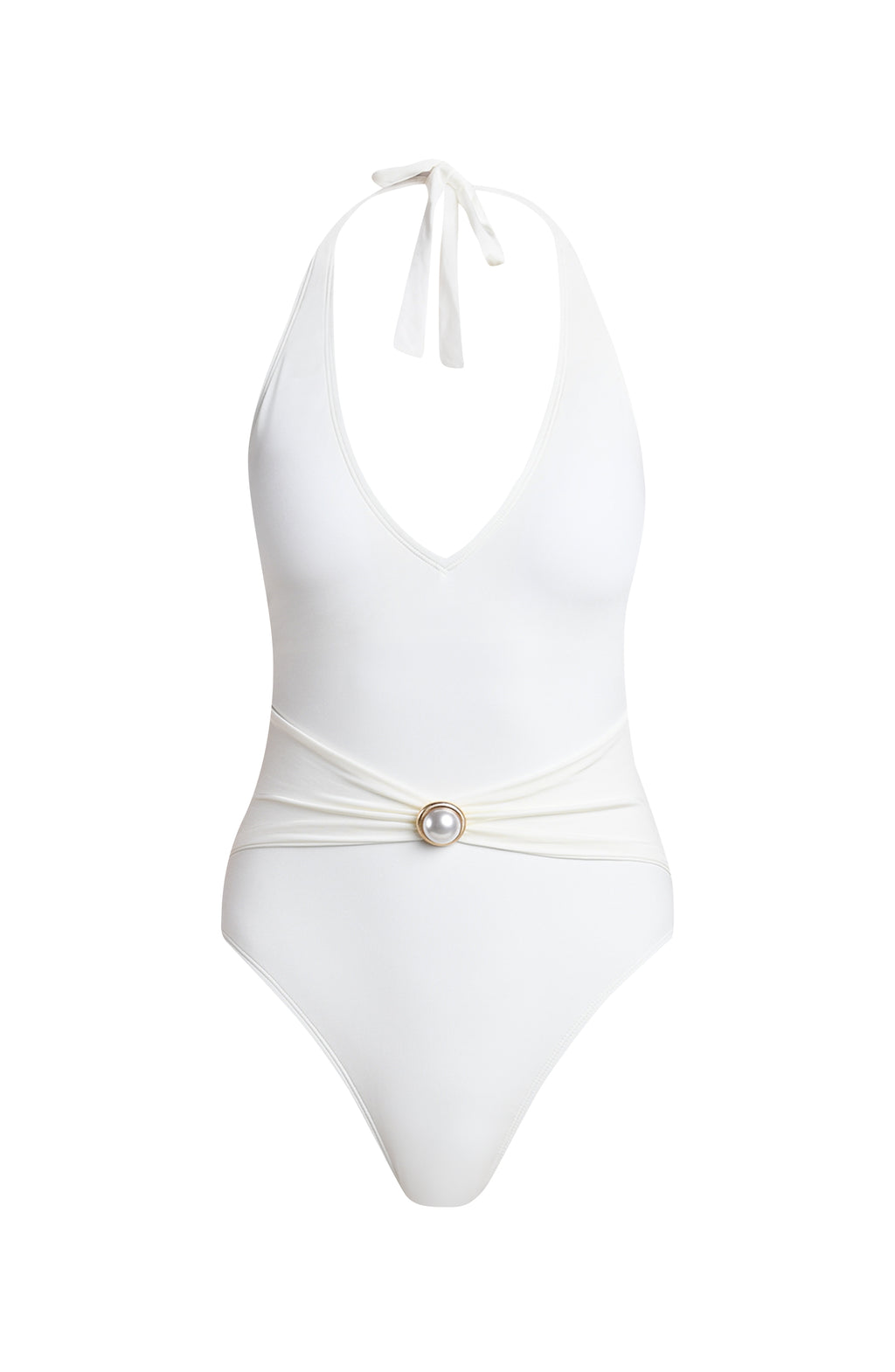 A floating image of a white one piece swimsuit against a white background 