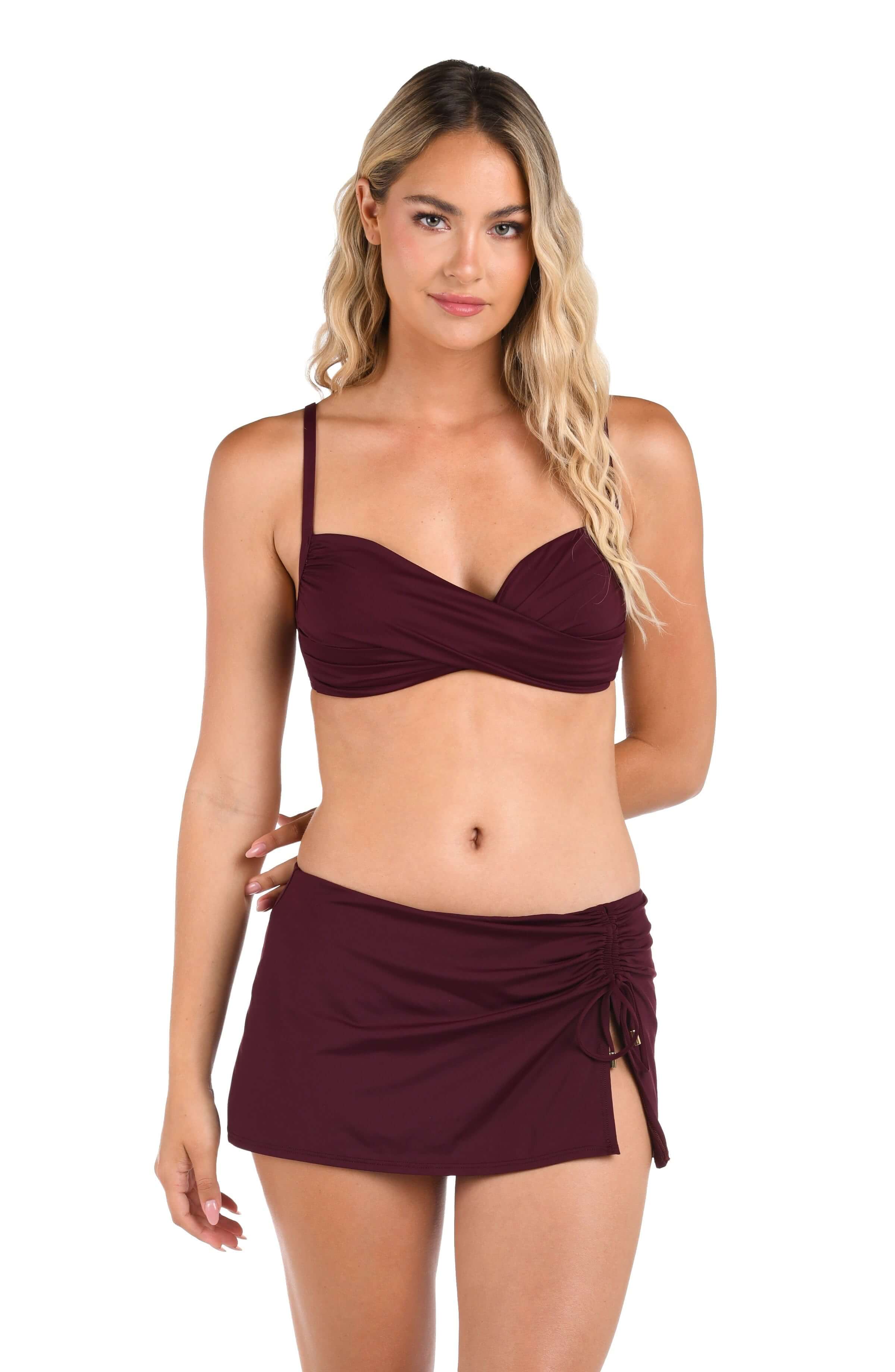 La Blanca Island Goddess Wrap Front Over The Shoulder Bikini Top - Dark Cherry