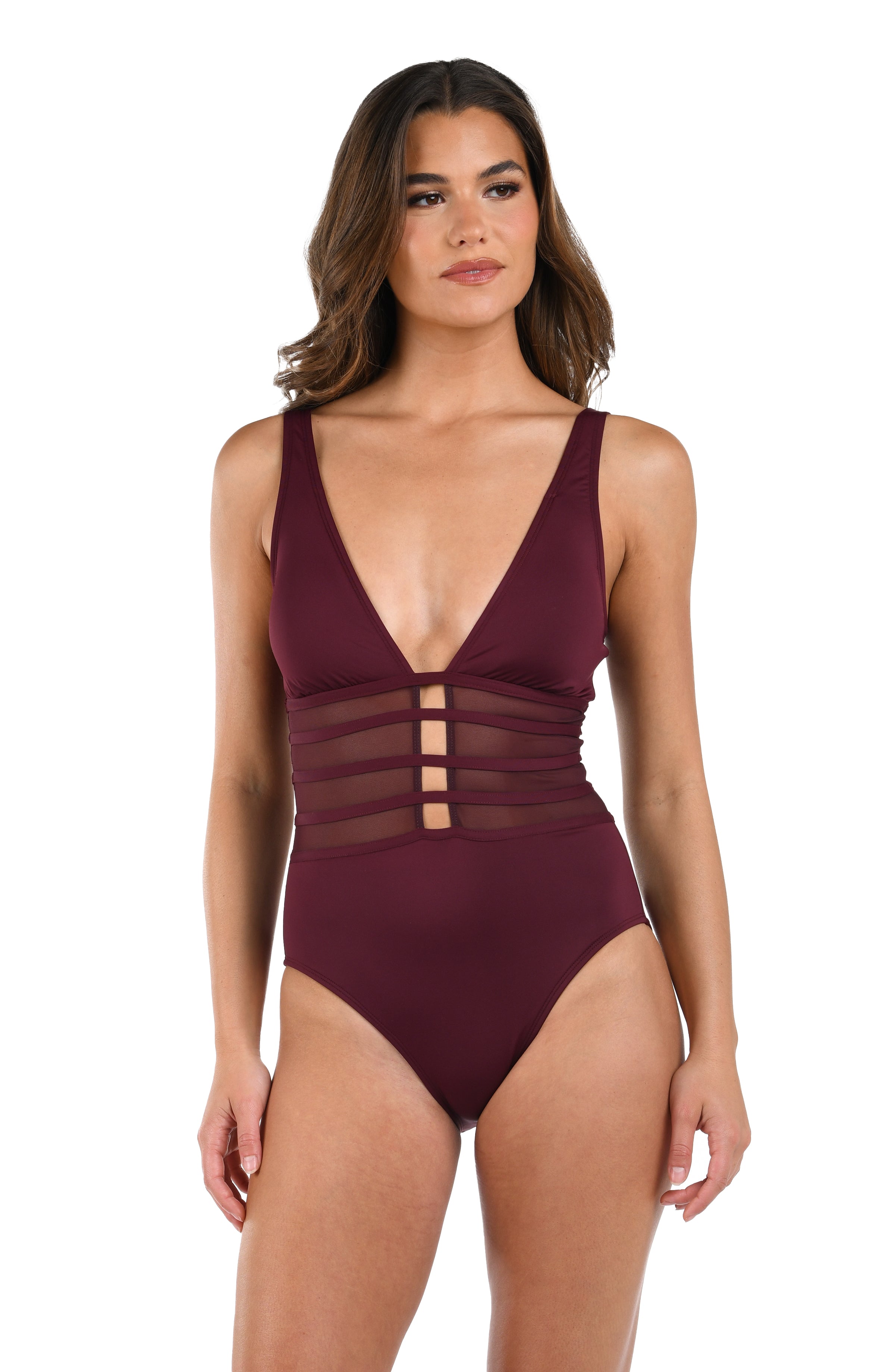 La Blanca Island Goddess Mesh Front One Piece - Dark Cherry