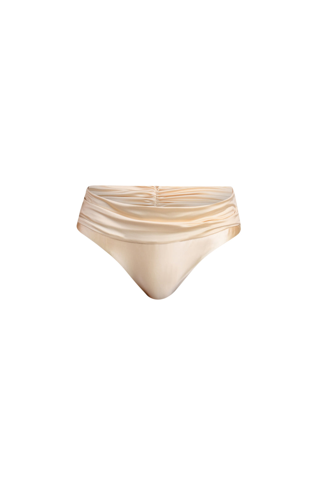 Champagne colored bikini bottoms against a white background. 