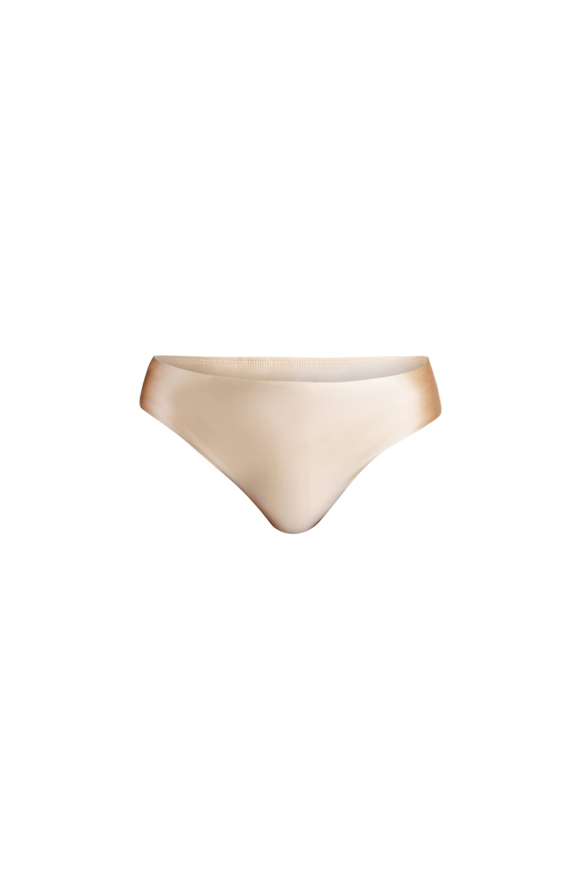 Champagne colored bikini bottoms against a white background. 