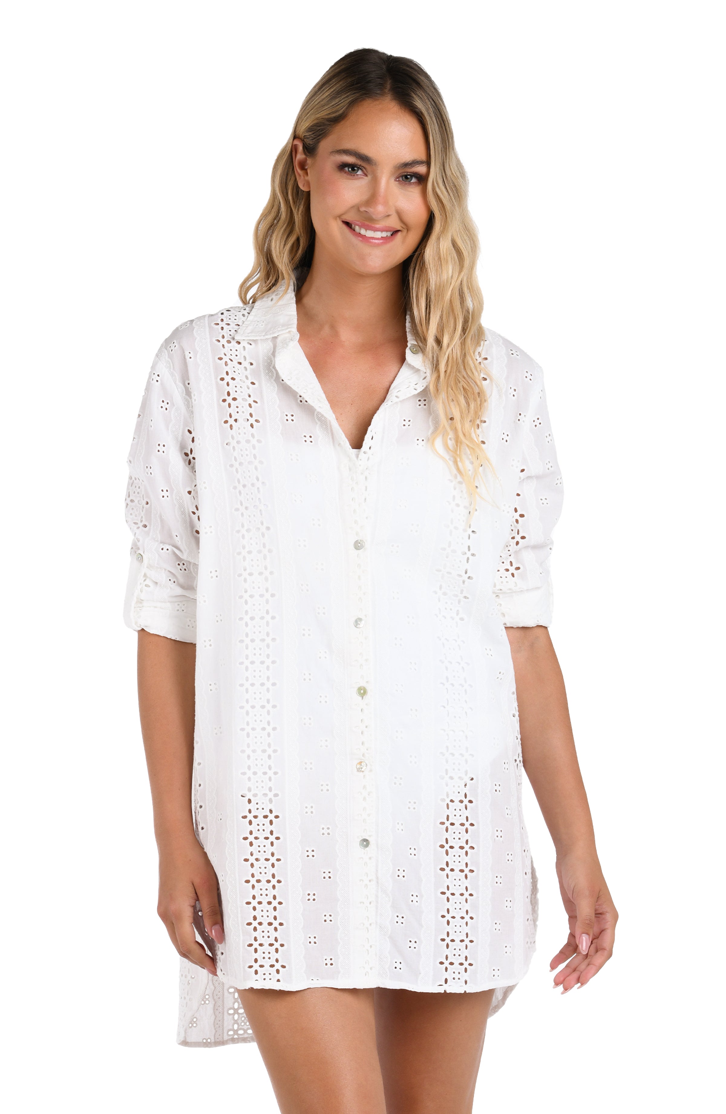 La Blanca Eyelet Covers Long Sleeve Camp Shirt - Ivory