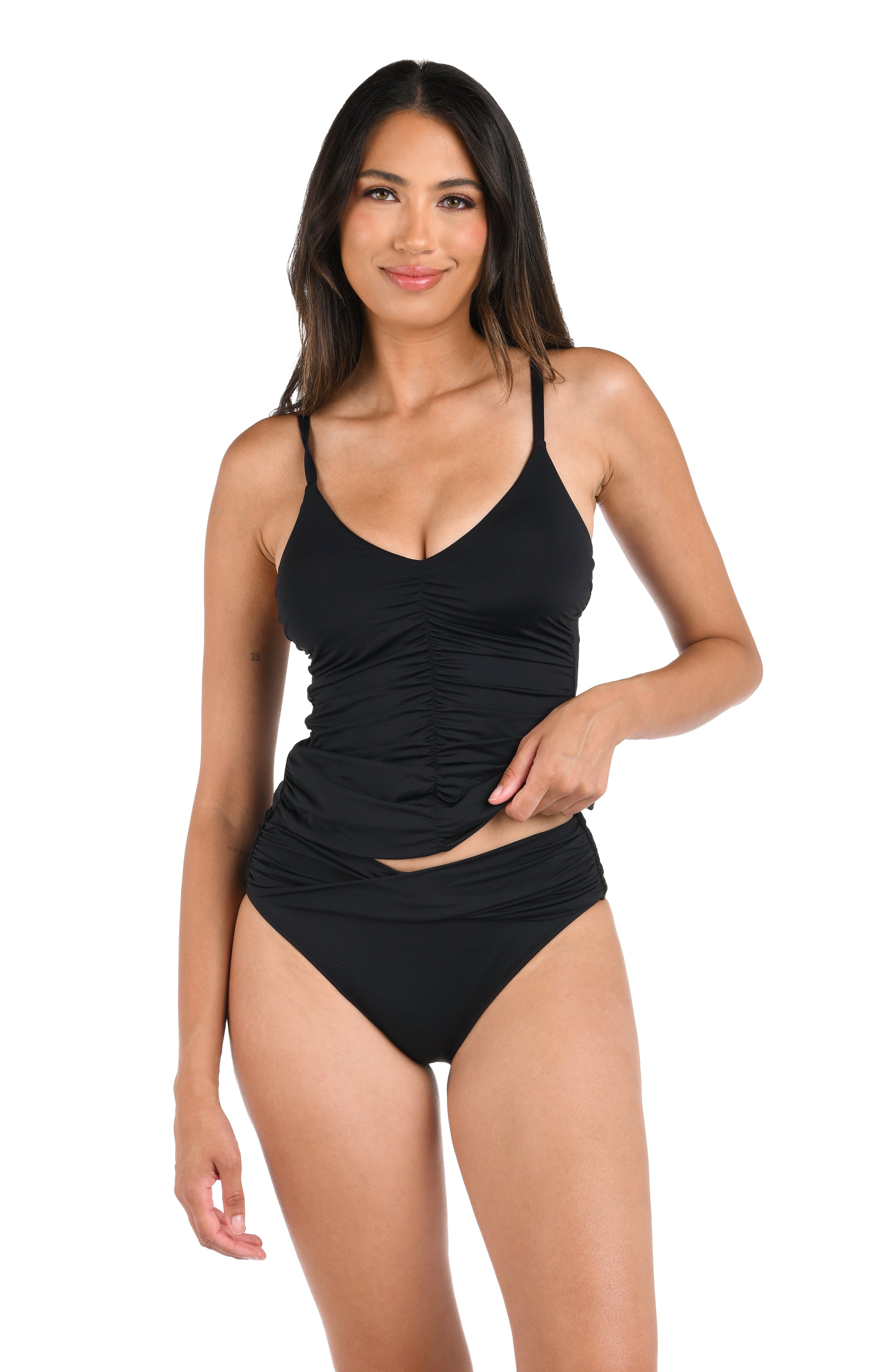 La Blanca Island Goddess Ruched Front V-Neck Tankini - Black