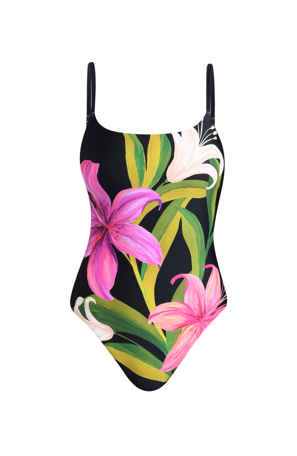 Colorful floral one piece swimsuit against a white background. 
