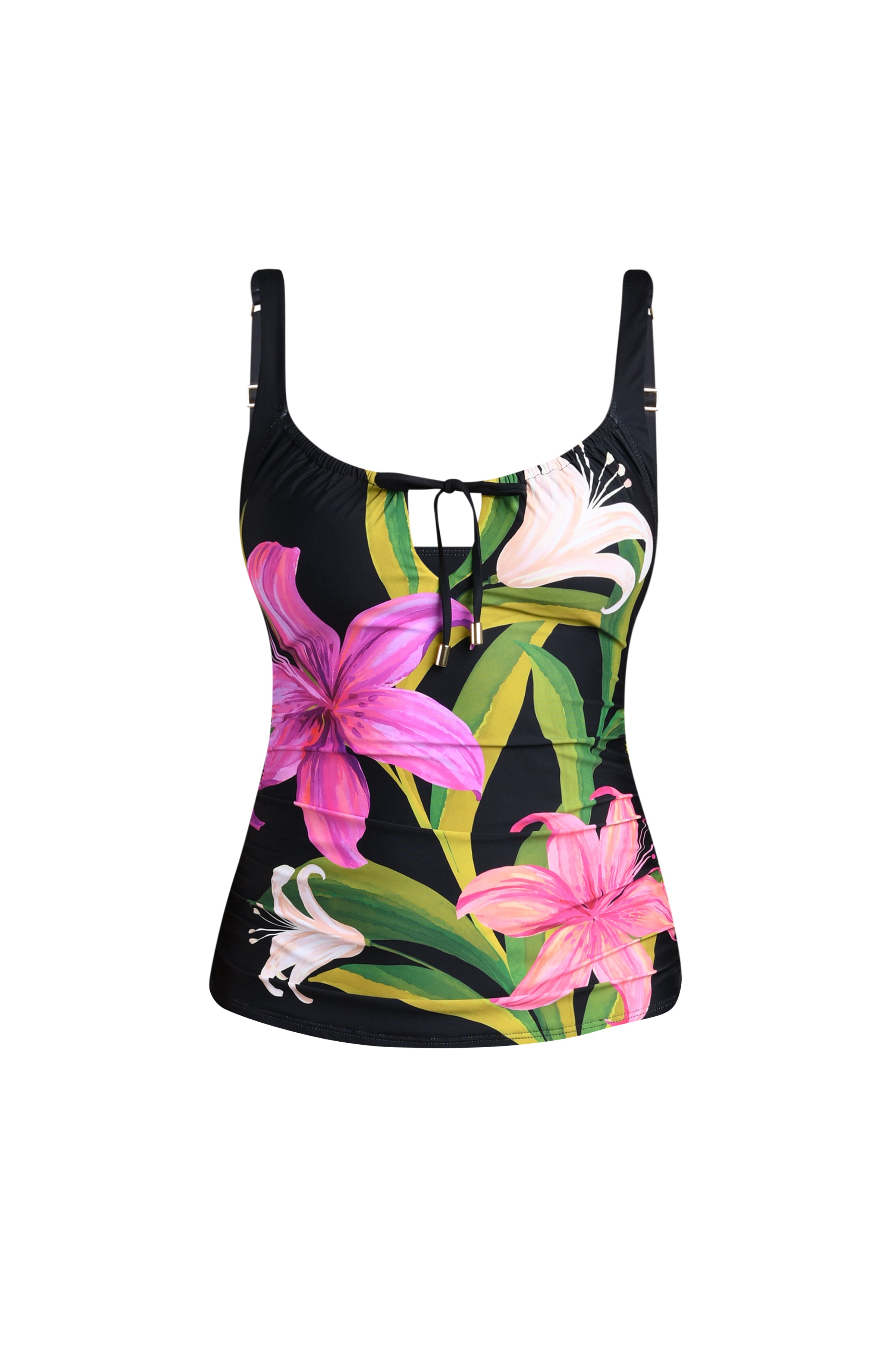 Black tankini top with pink floral design on a white background