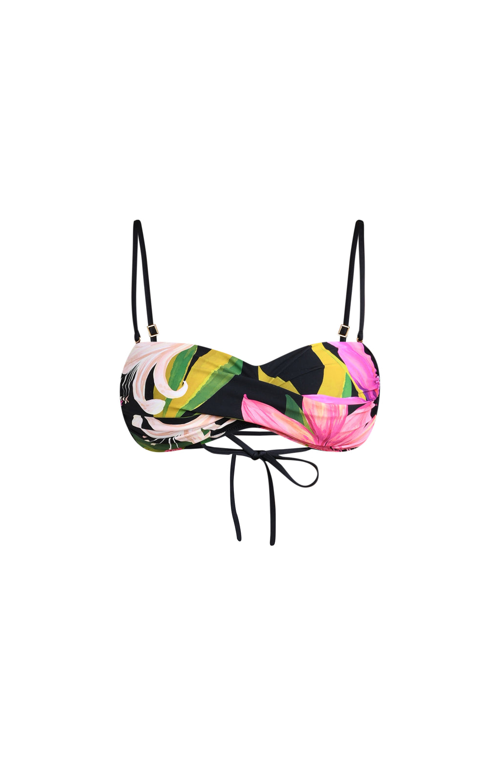 Colorful floral bandeau bikini top against a white background. 