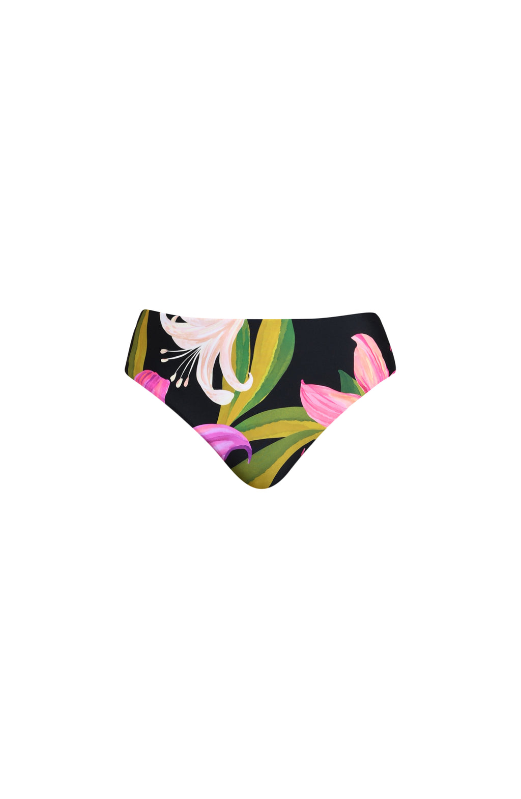 Colorful floral bikini bottom against a white background. 