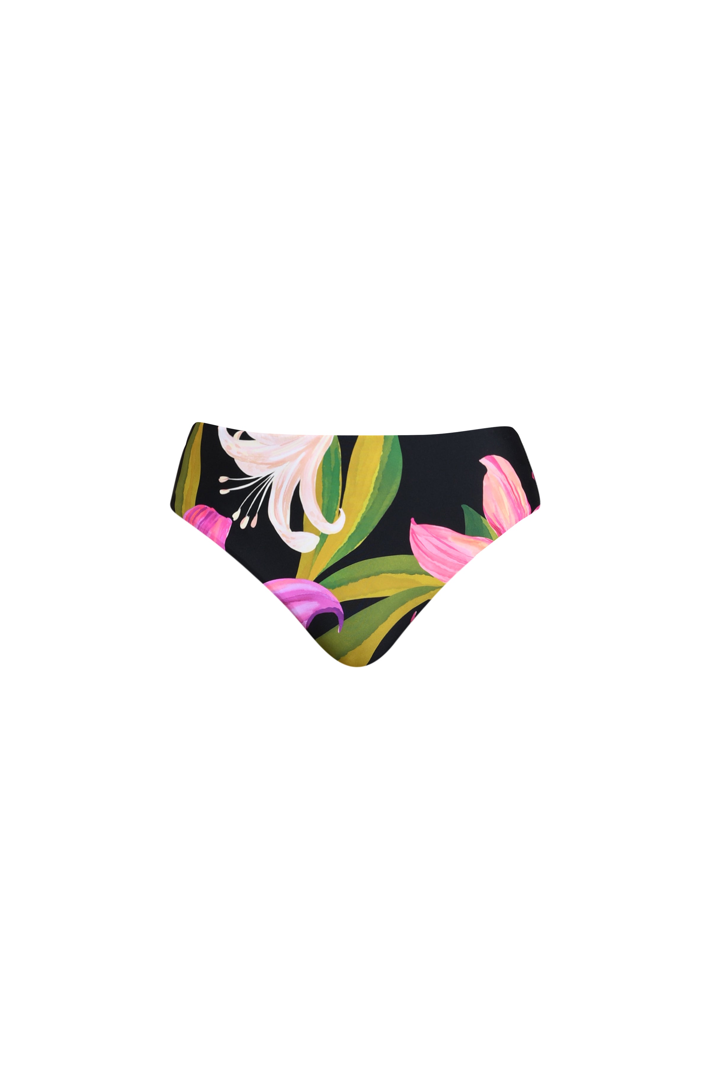 Colorful floral bikini bottom against a white background. 