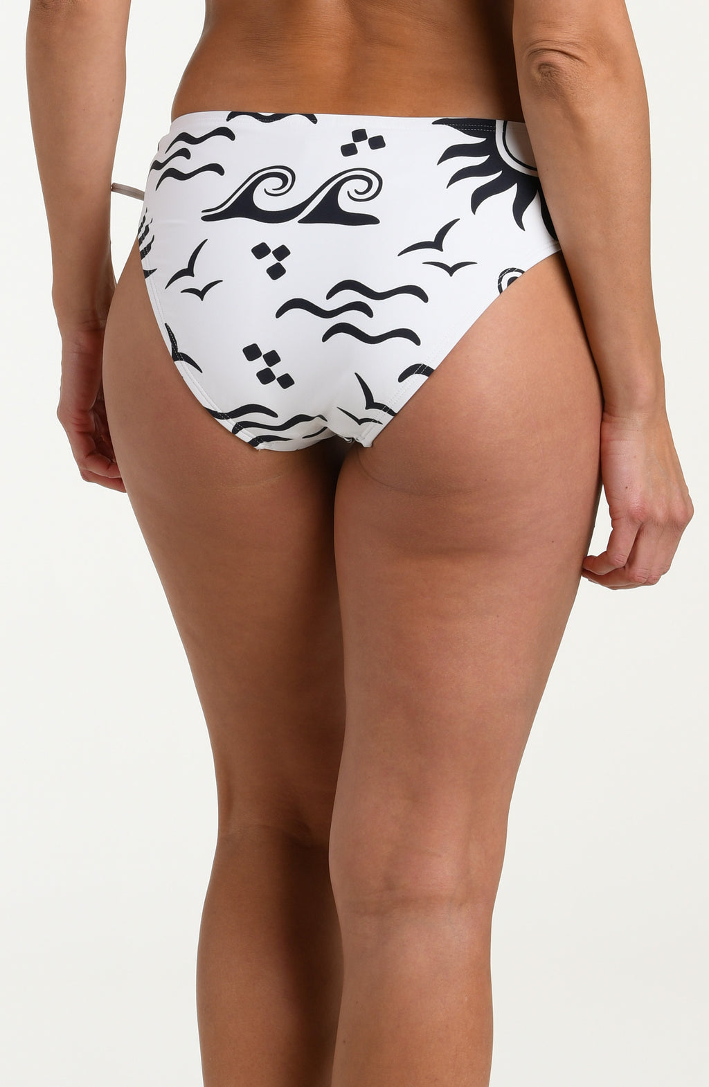 White bikini bottom with black wave pattern against a white background