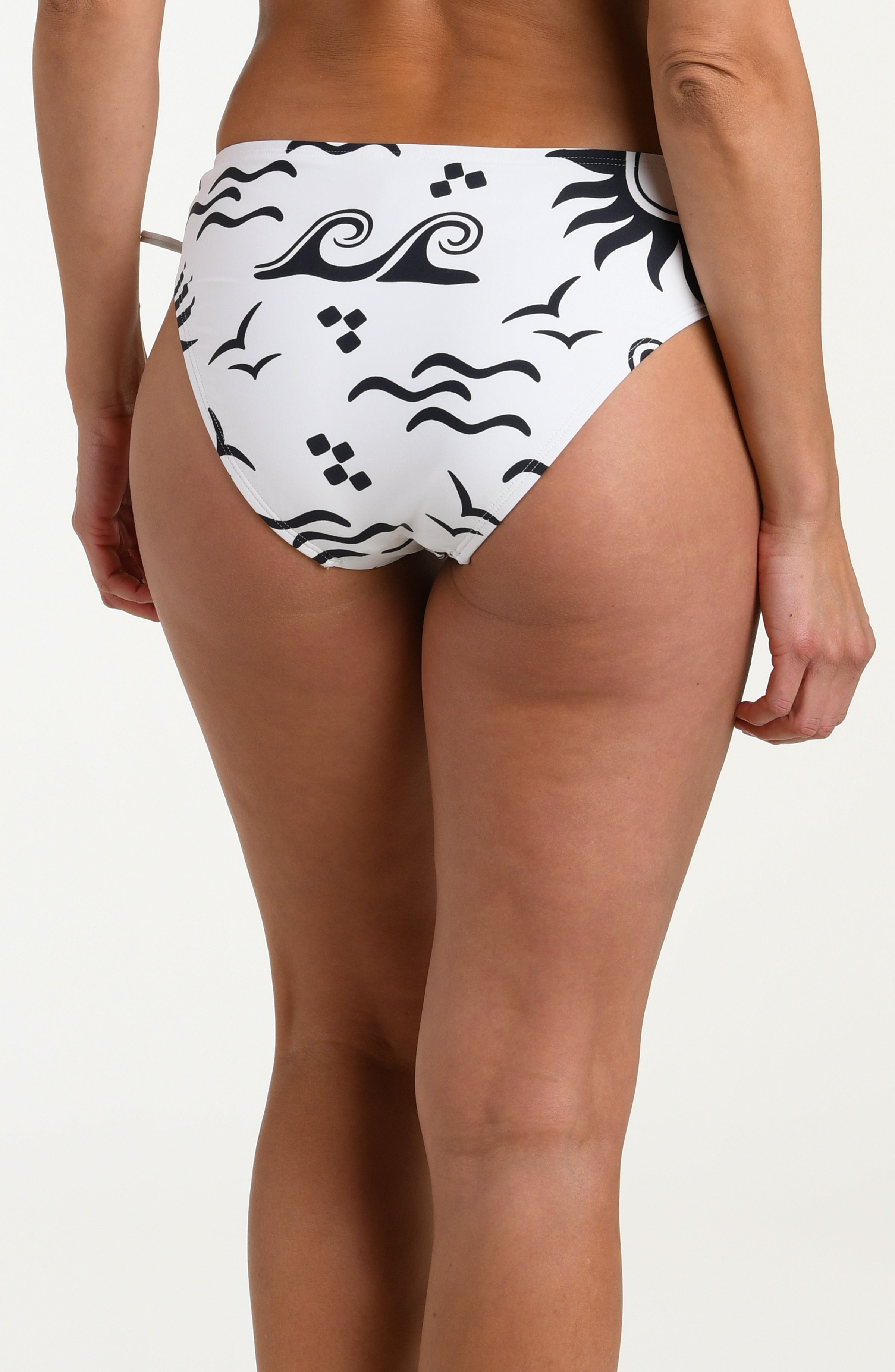 White bikini bottom with black wave pattern against a white background