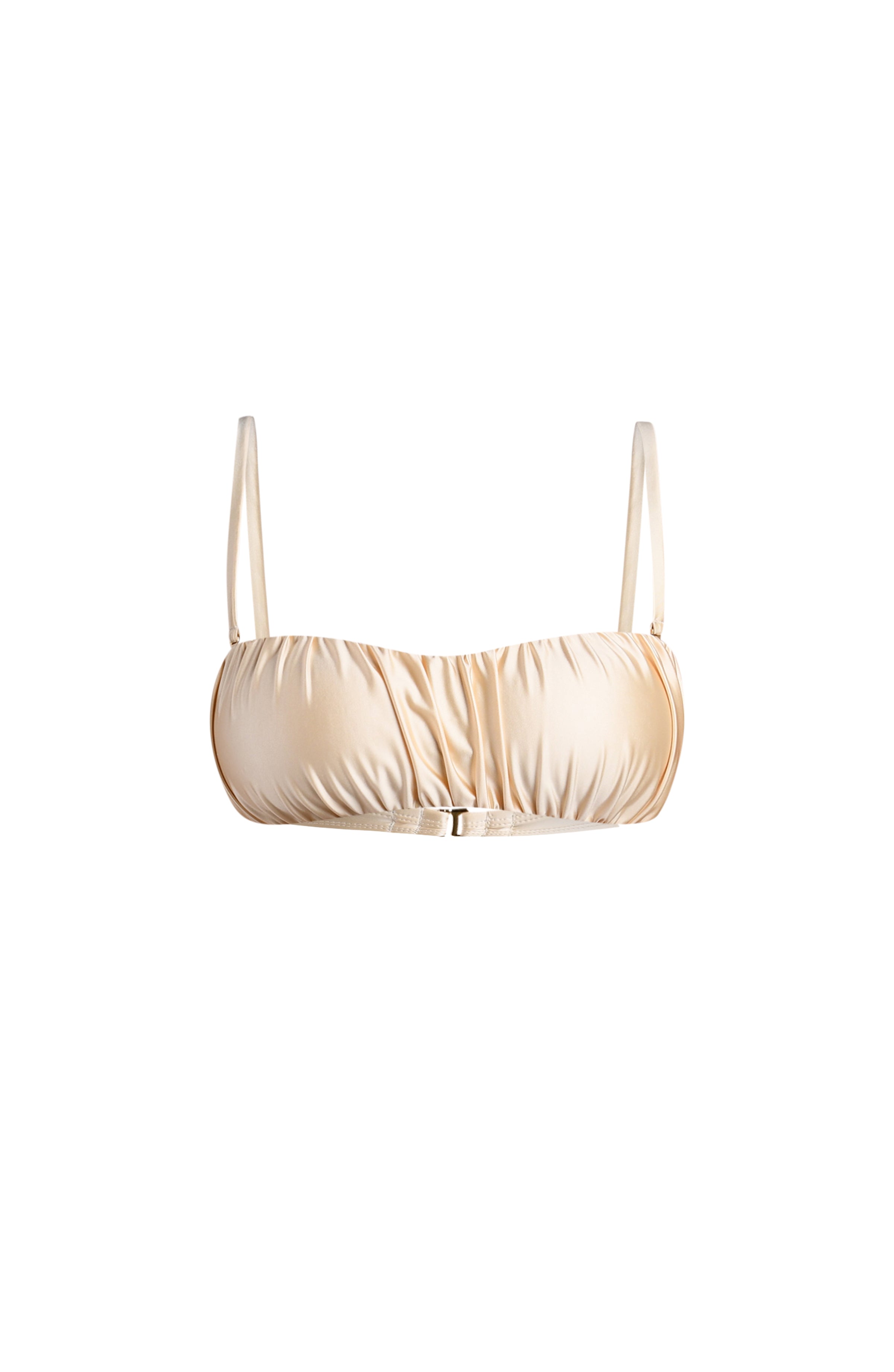 Champagne colored bikini top against a white background. 
