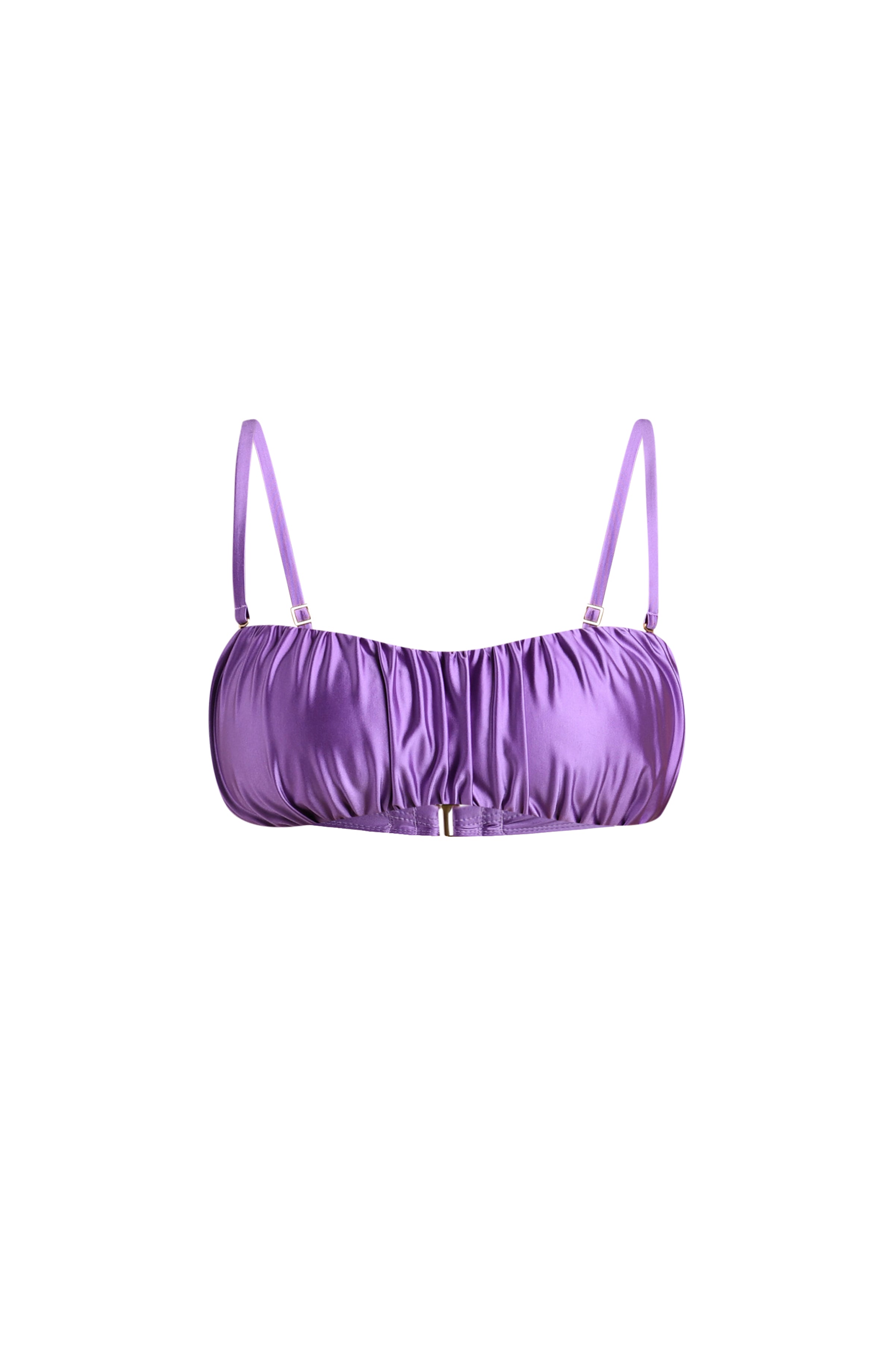 Lavender colored bikini top against a white background. 