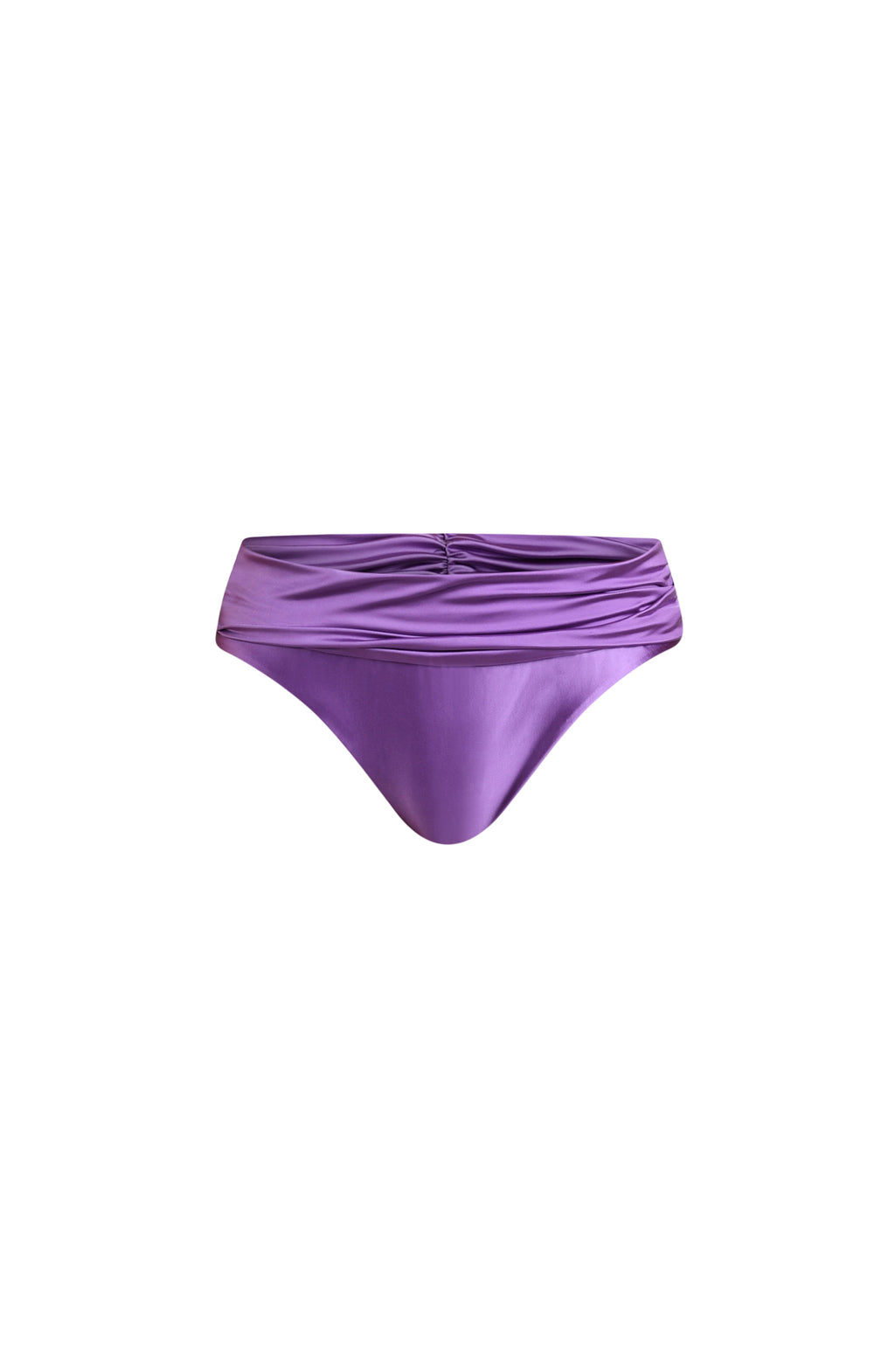 Lavender colored bikini bottoms against a white background. 