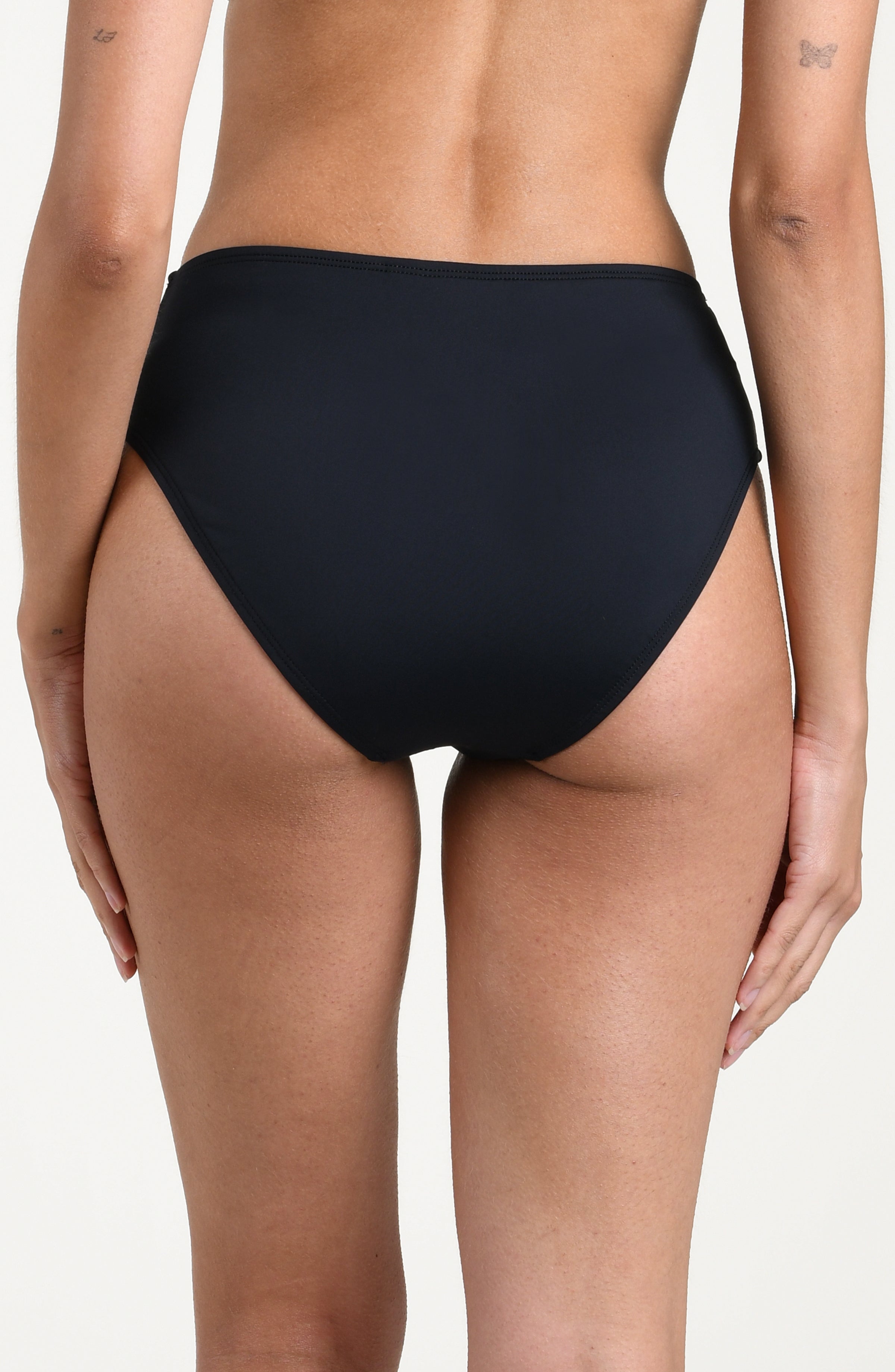 Black high-waisted bikini bottom on a plain background