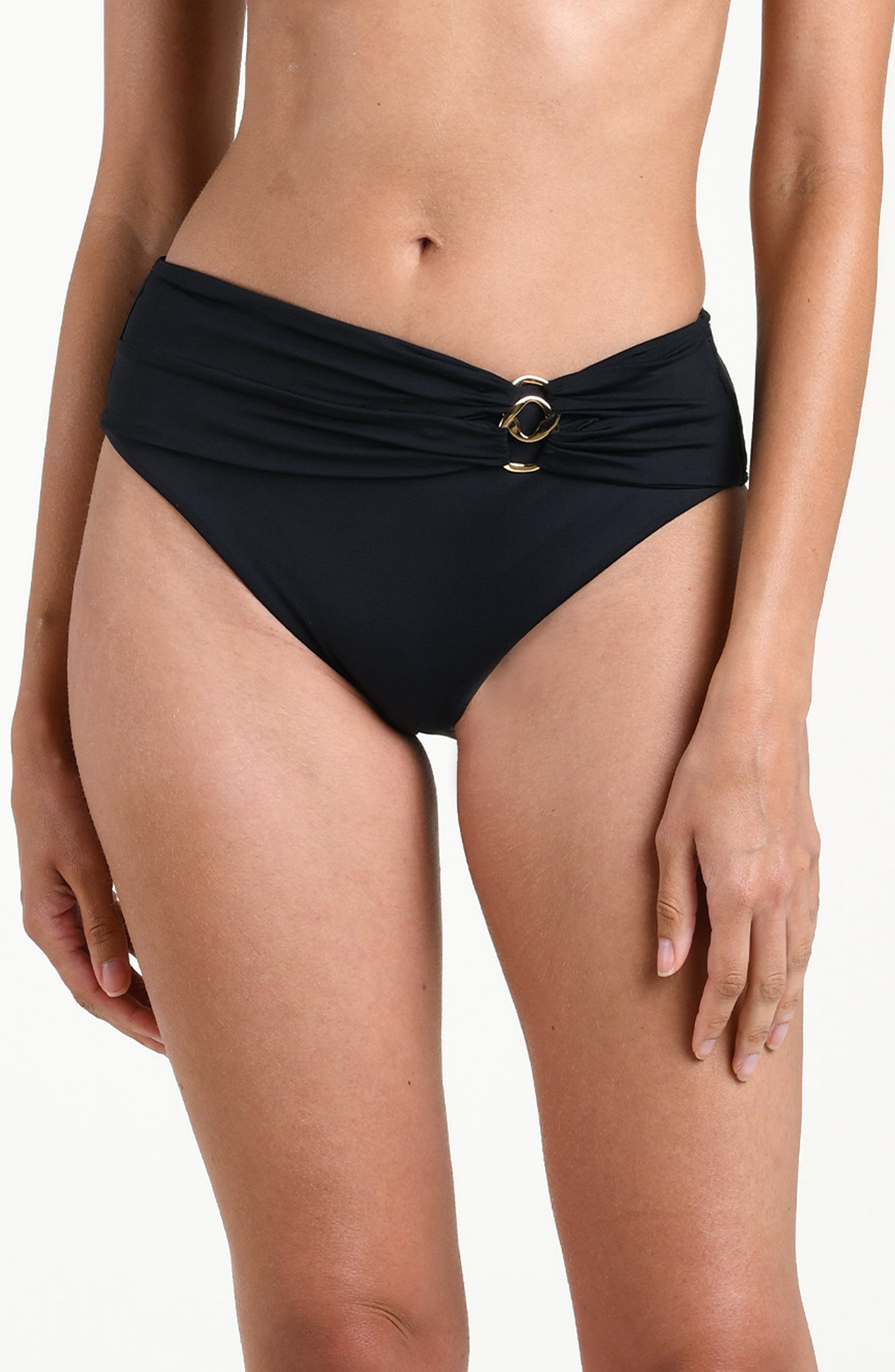 Black high-waisted bikini bottom with a gold clasp on a white background