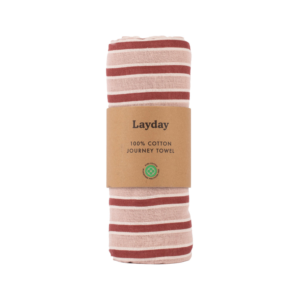 Red and beige striped beach towel by Layday.