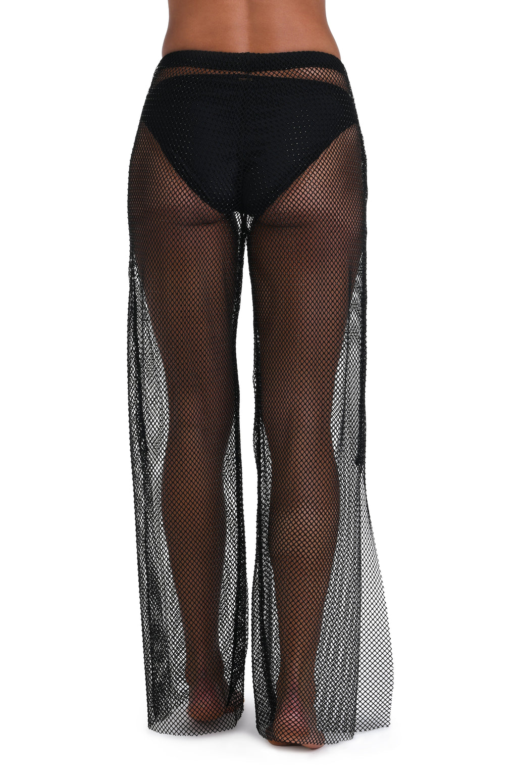 Black fishnet sheer wide-leg pants with a high waistband, shown on a model from the back against a white background.