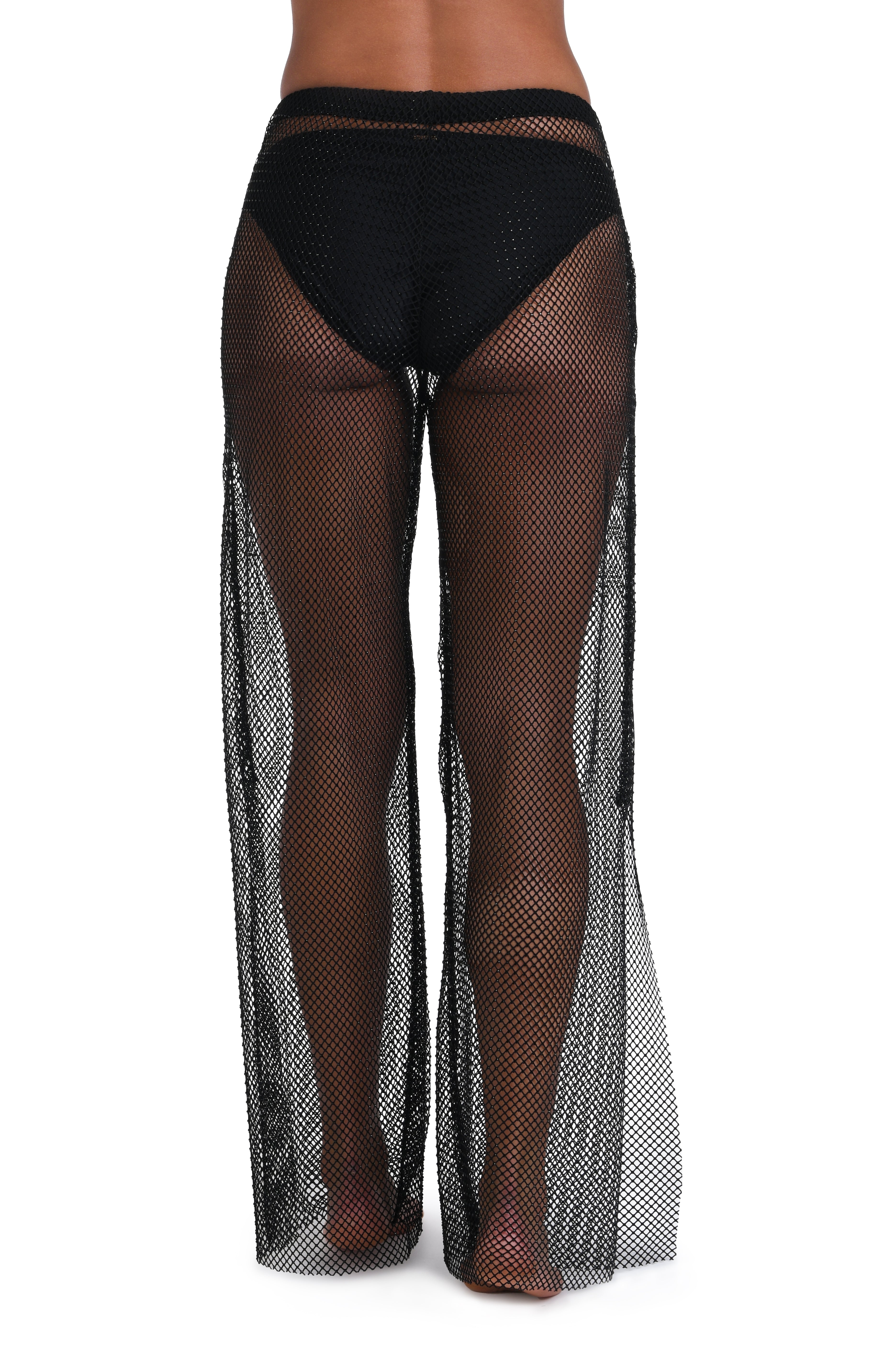 Black fishnet sheer wide-leg pants with a high waistband, shown on a model from the back against a white background.