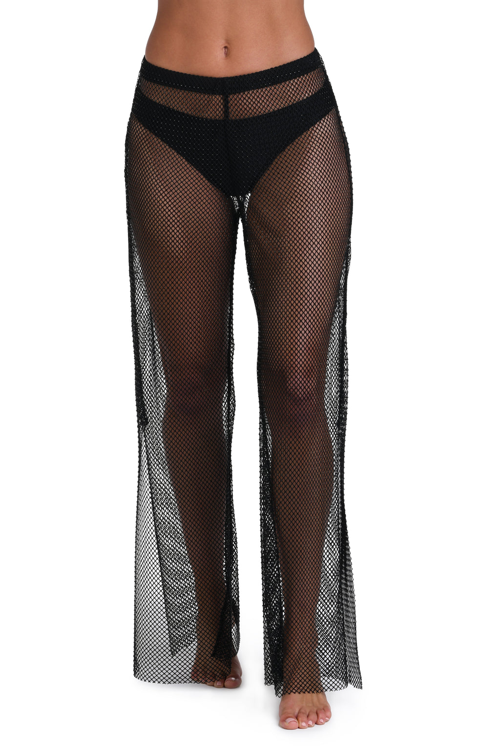 Black fishnet sheer pants with a wide waistband and flared legs, shown on a model against a white background.