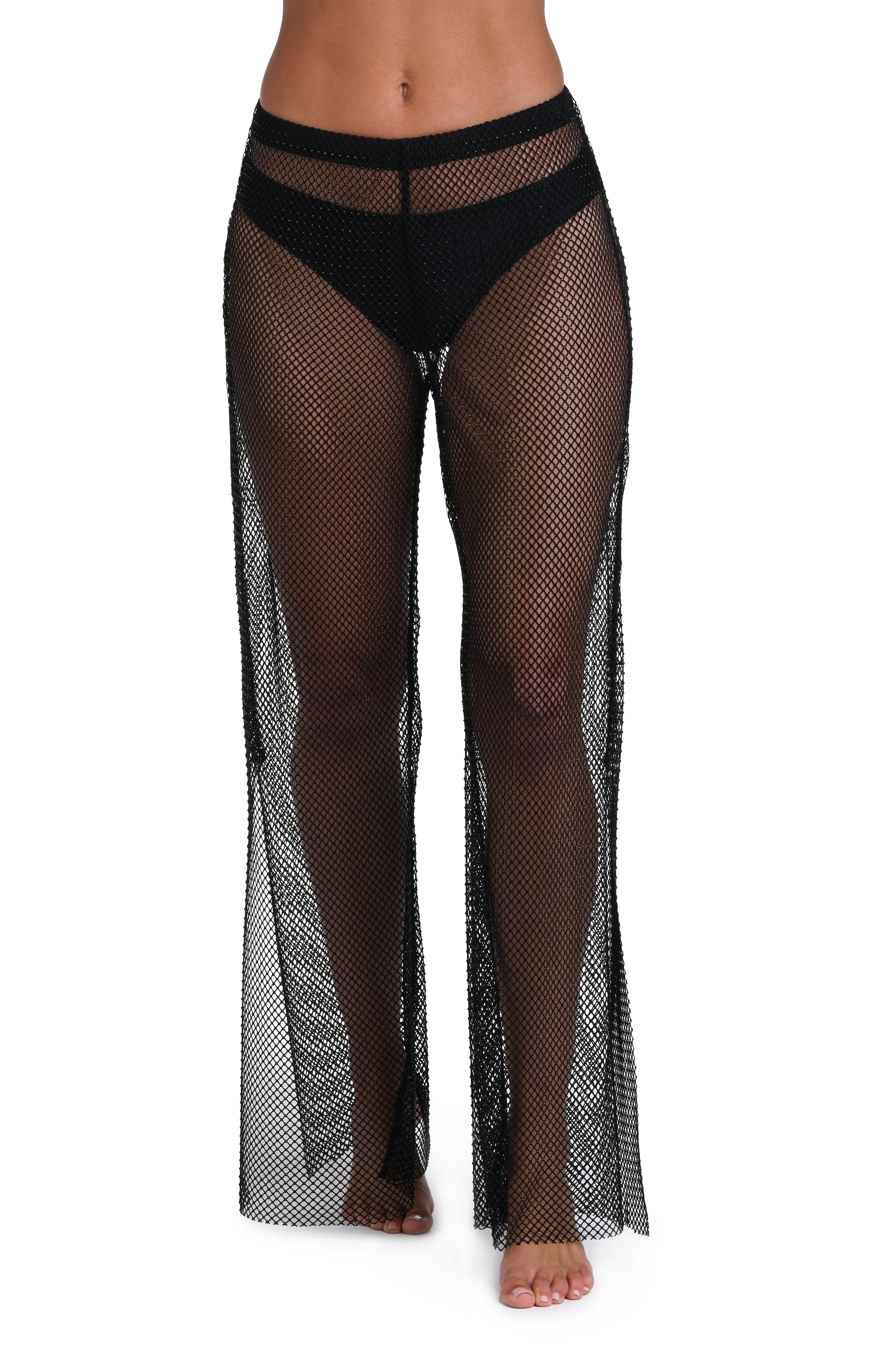 Black fishnet sheer pants with a wide waistband and flared legs, shown on a model against a white background.