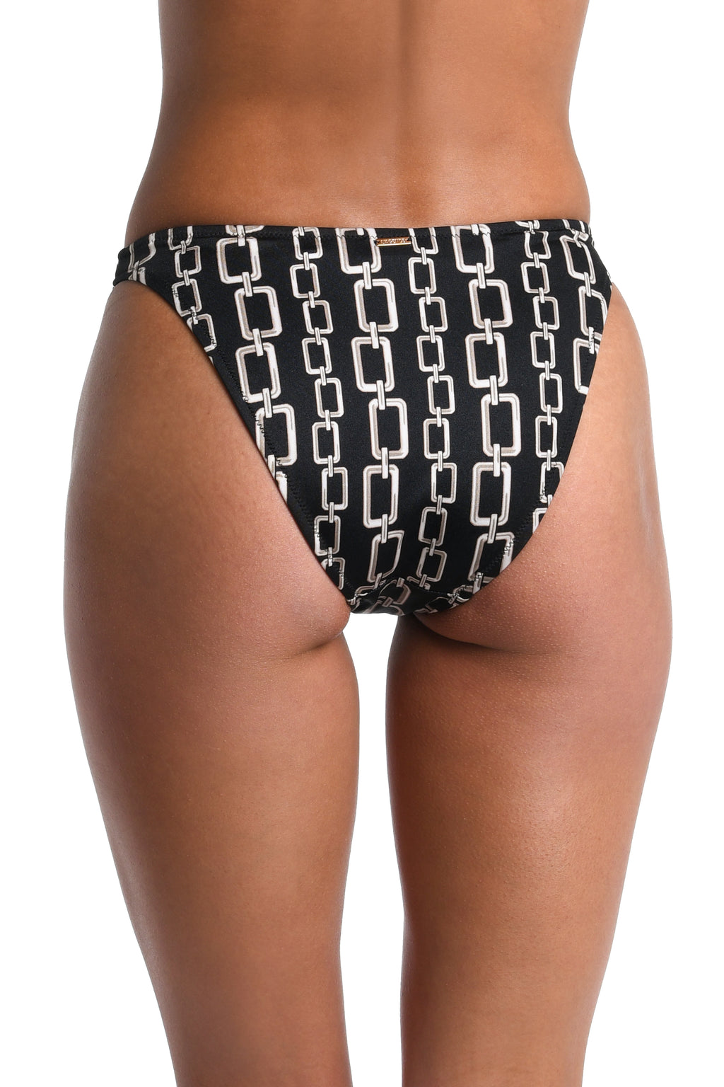 Rear view of a model wearing black bikini bottoms with a white chain-link pattern, shown against a plain white background.