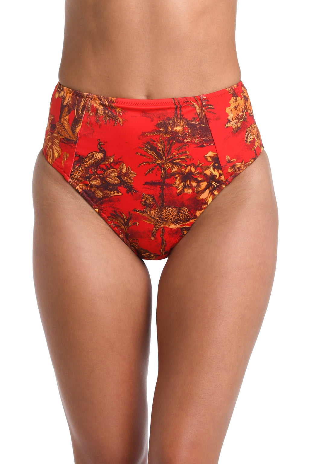 Red high-waisted bikini bottoms with a brown tropical palm tree and bird print, shown on a model against a white background.