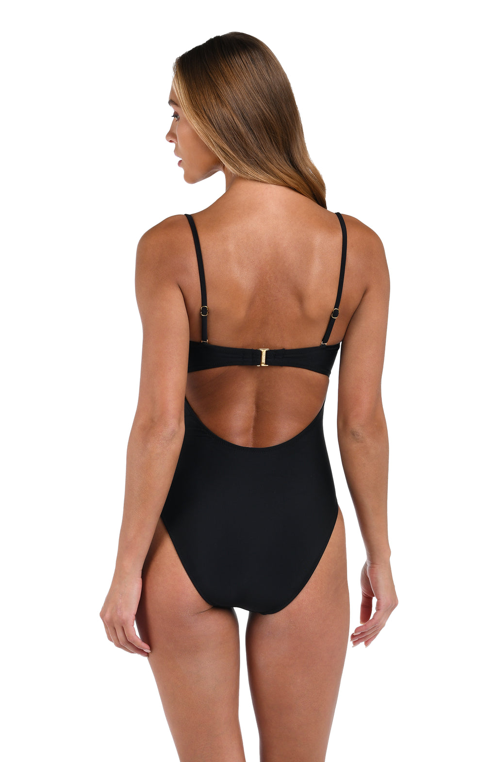 Black swimsuit with open back on a white background