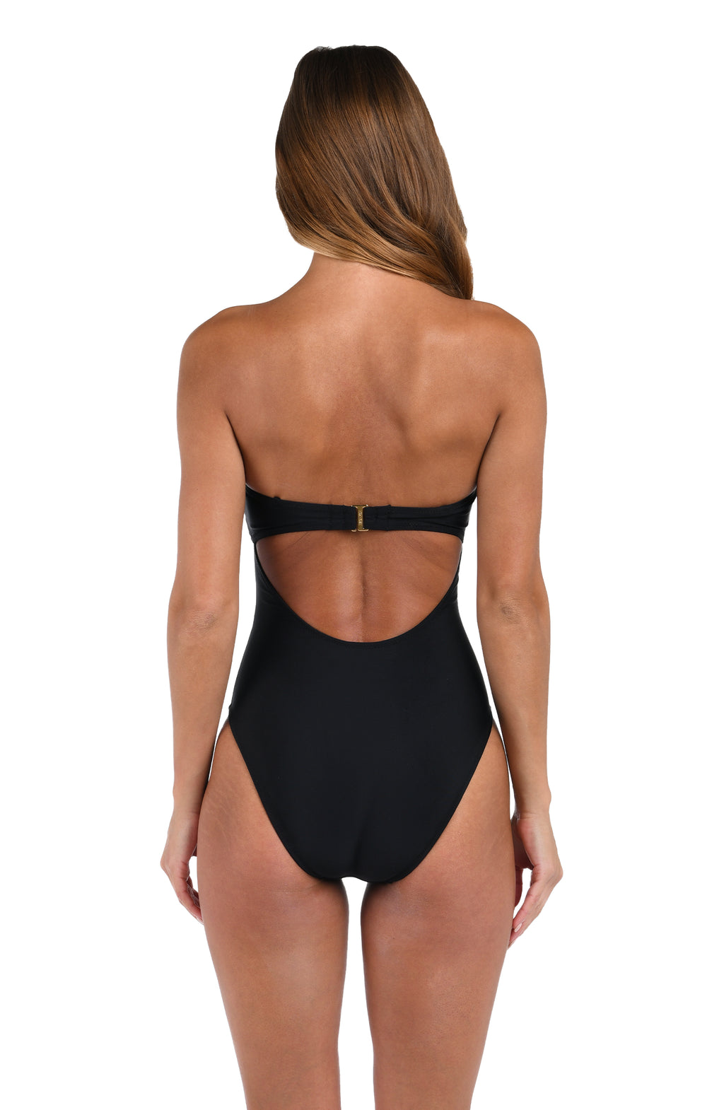 Black swimsuit with open back on a white background