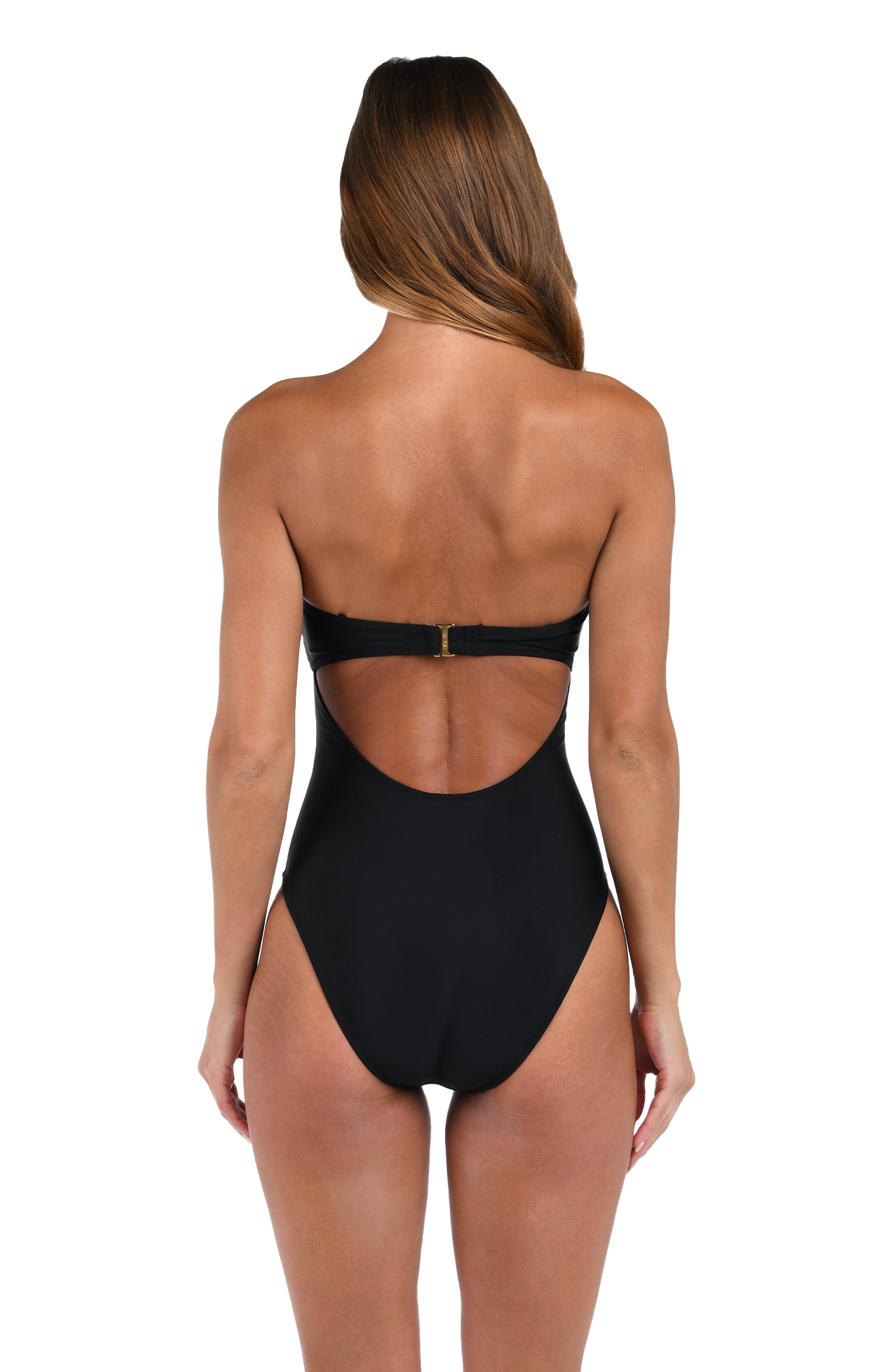 Black swimsuit with open back on a white background