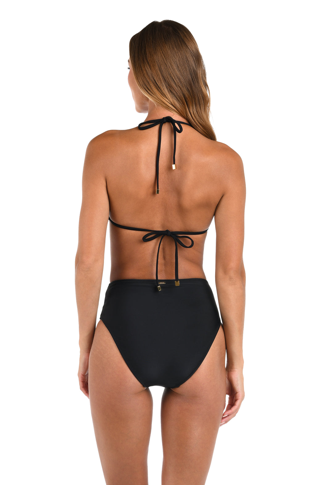 Back image of model wearing a solid black bikini top featuring a classic triangle design with adjustable neck and back ties. This is paired with a matching bikini bottom.
