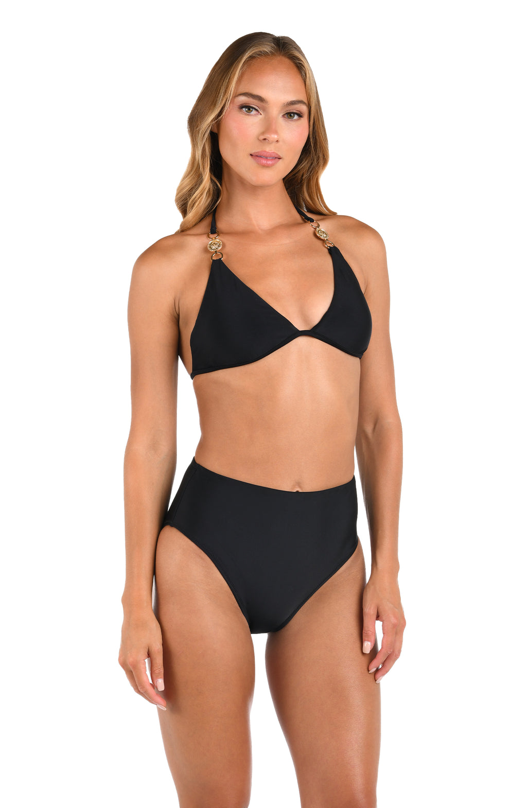 Front image of model wearing a solid black bikini top featuring a classic triangle design with adjustable neck and back ties, and accented by gold-tone ring detail. This is paired with a matching bikini bottom.