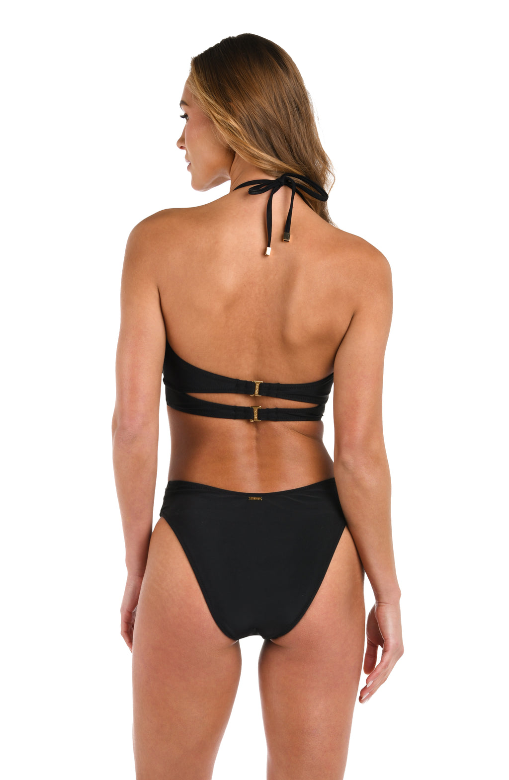 Black bikini with gold accents on a white background
