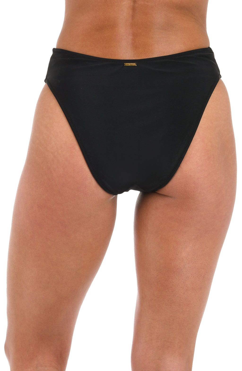 Black swim bottoms worn by a person on a white background