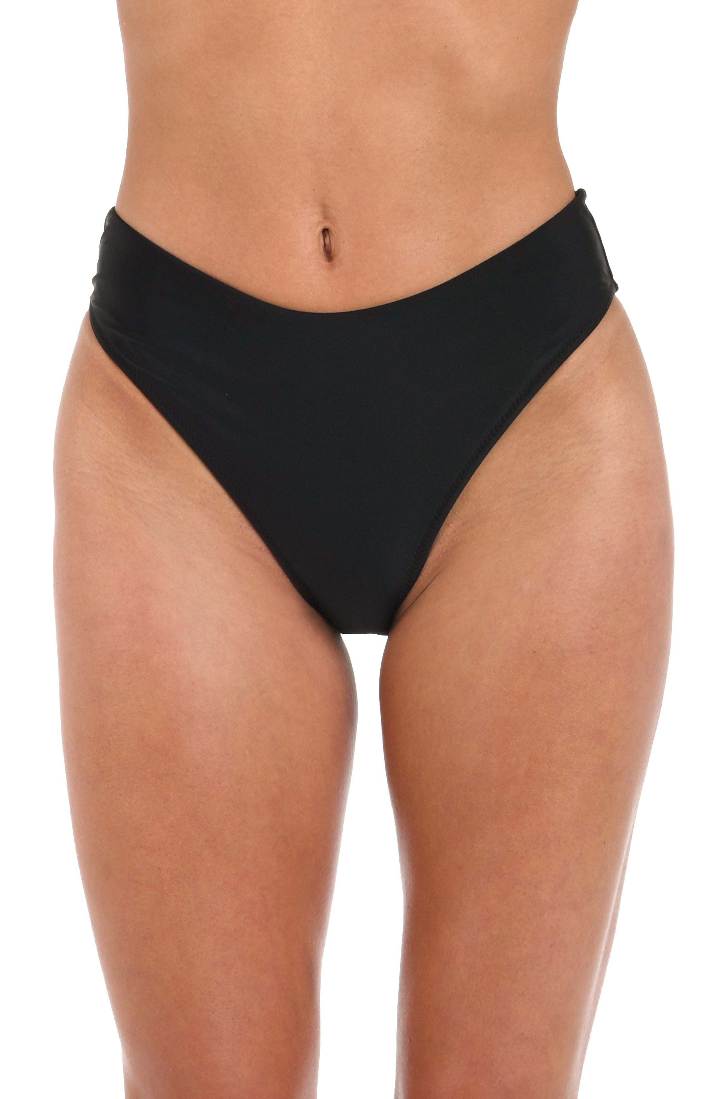 Black high-leg bikini bottom on a white background