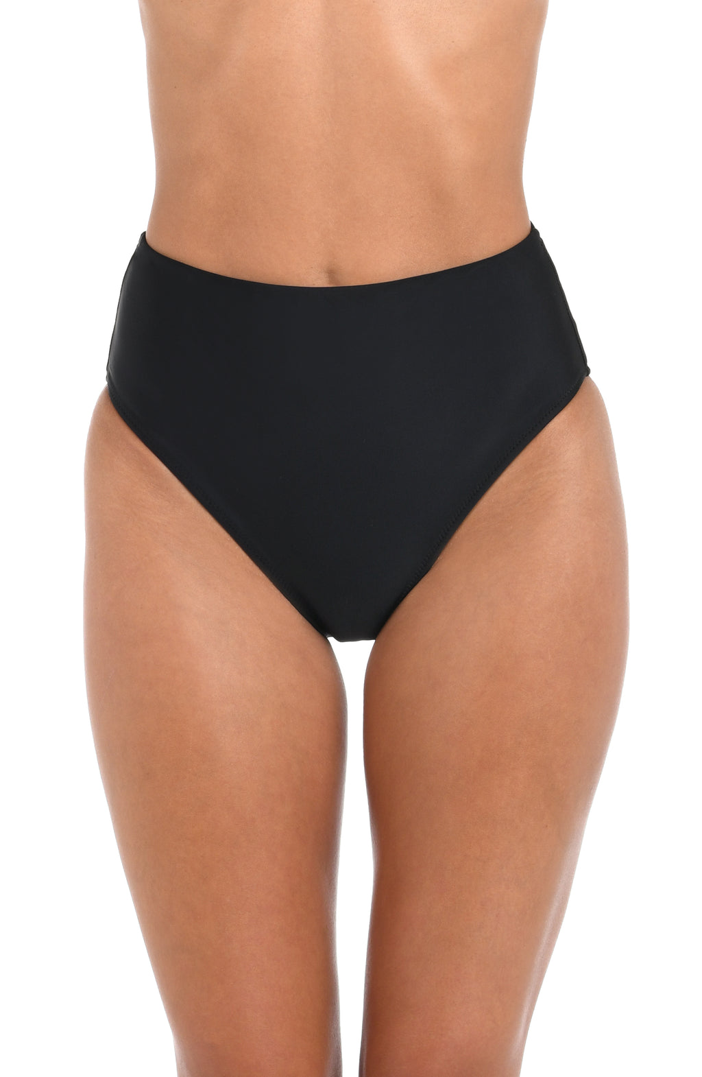 Front image of model wearing a solid black bikini bottom featuring a high waistline and moderate coverage. 